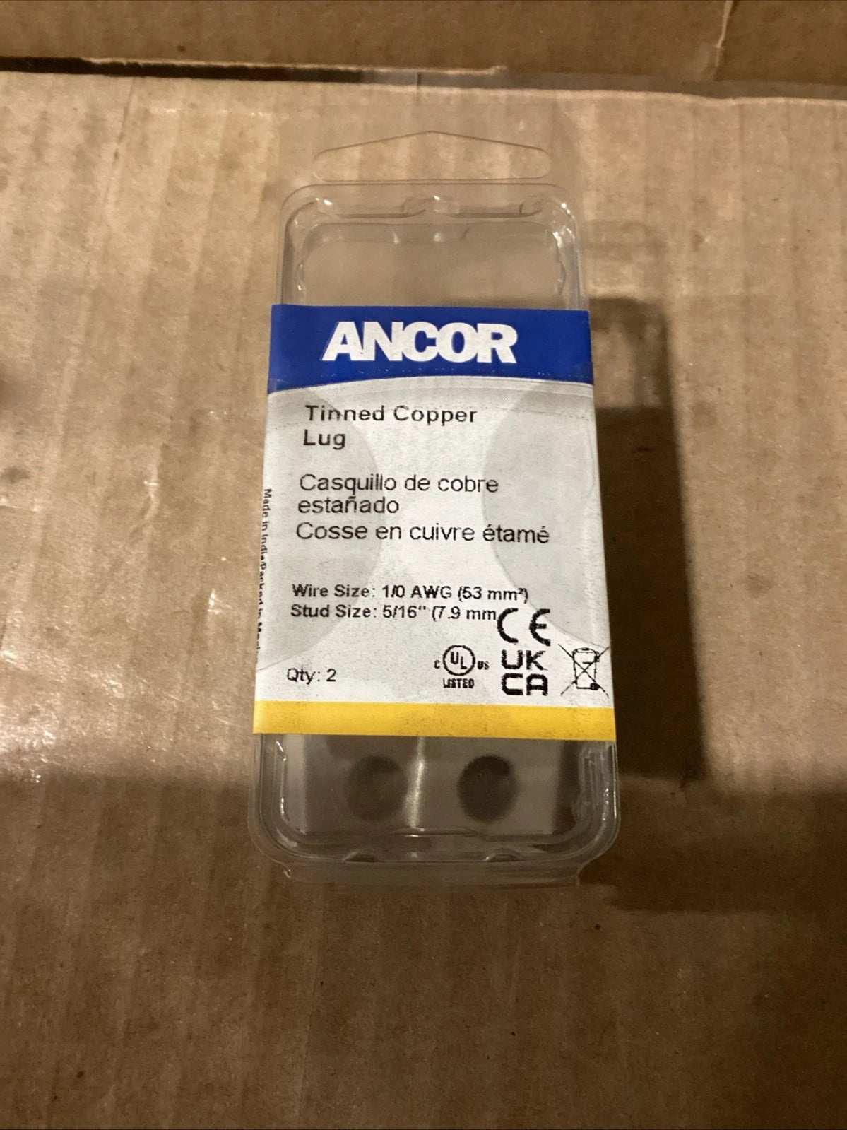 Set of 2 Ancor 252285 1/0 AWG Tinned Copper Lugs for 5/16" Stud