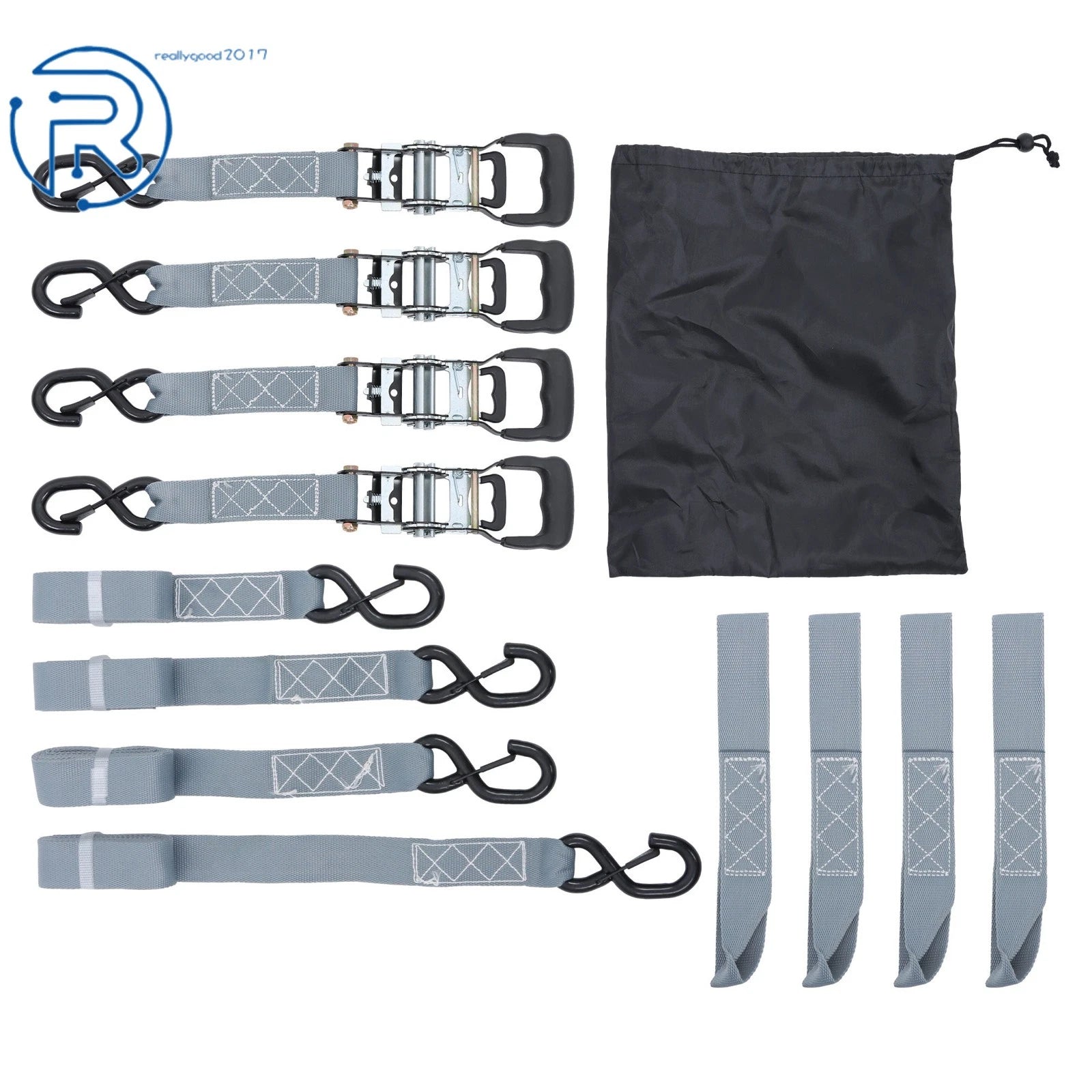 Set of 4 Tie Downs 1.6" × 8' Ratchet Straps 5208Lbs with S Hook Gray