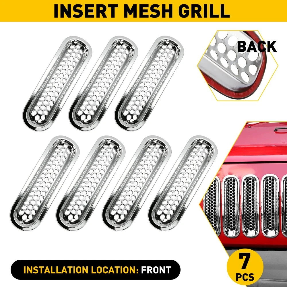 Set of 7 Front Mesh Grille Inserts Trim Chrome for Jeep Wrangler JK (2007–2018)