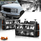 Bumper Headlight Set for GMC C/K Suburban GMT400 (1994–2000) Black Housing Amber Corner