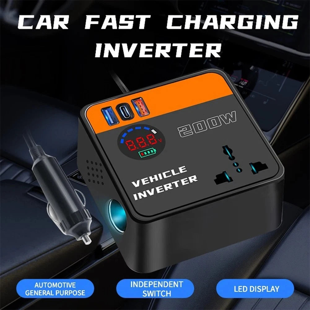 200W Car Inverter DC12V 24V to AC 220V with USB PD and Voltage Meter