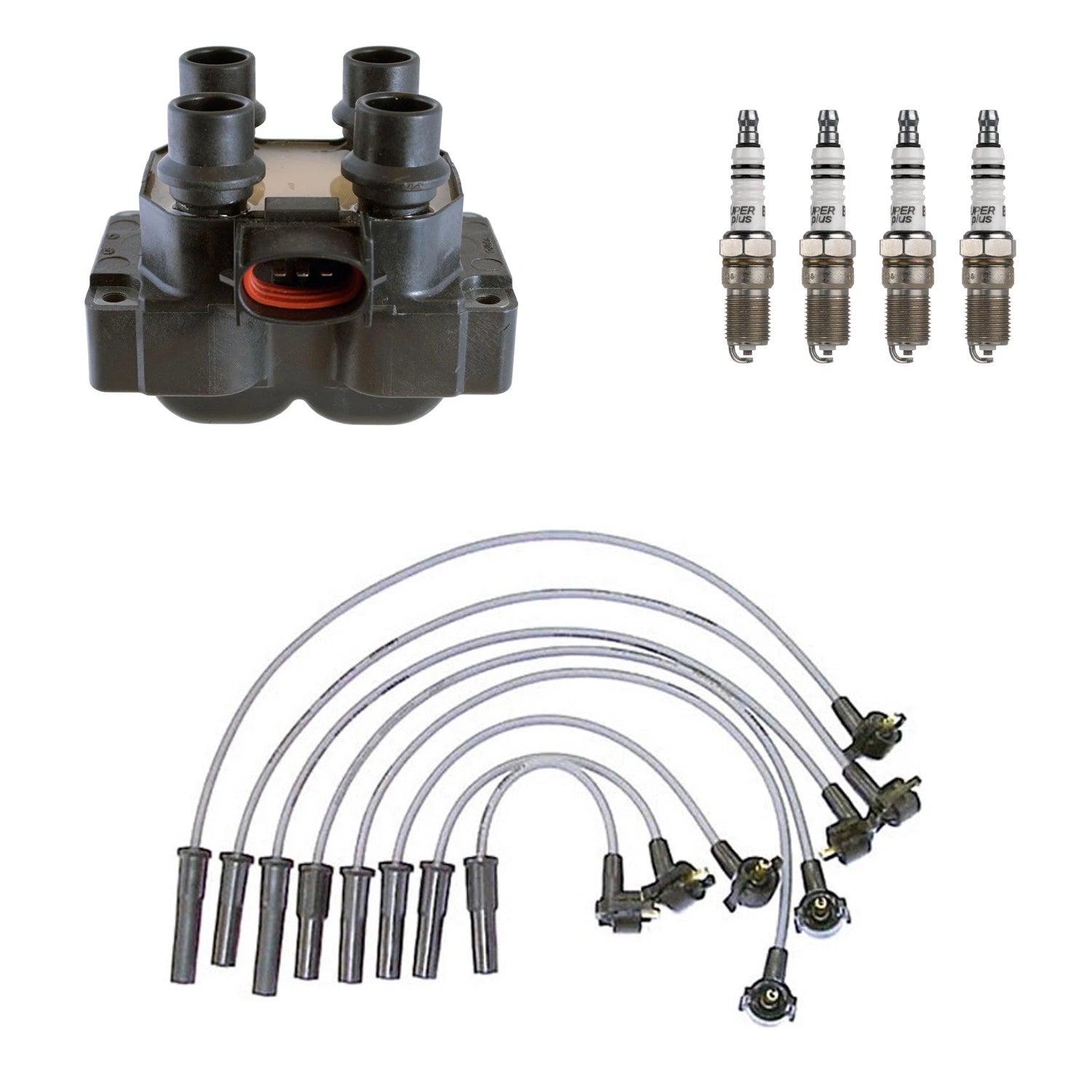 Set of 4 Denso Ignition Coil Wires & Bosch Spark Plugs for Ford Mustang