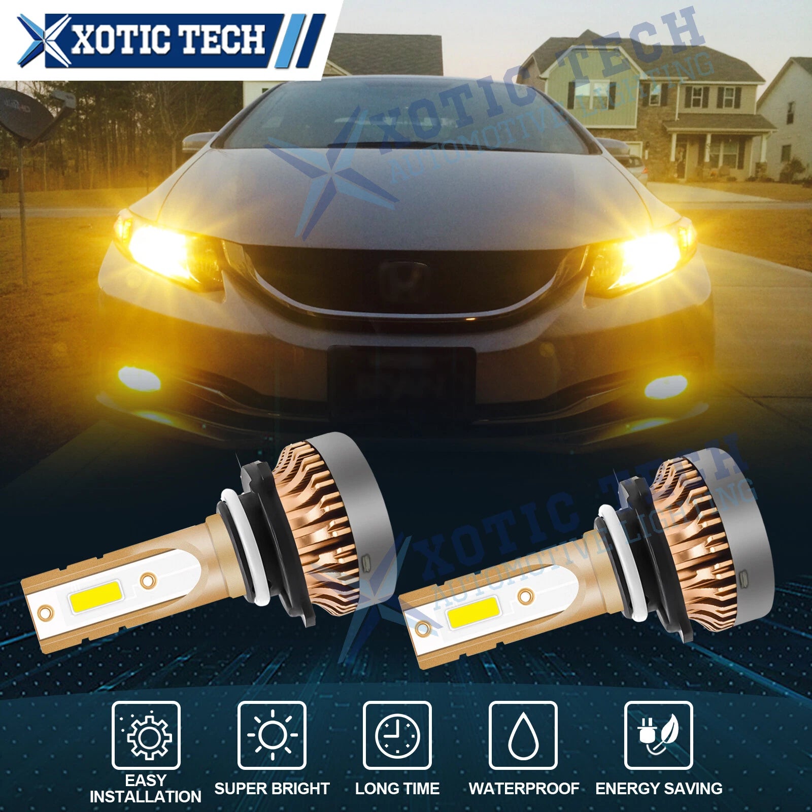 3000K Gold Yellow LED Bulbs High Beam Conversion Kit for Honda (9005–9011)