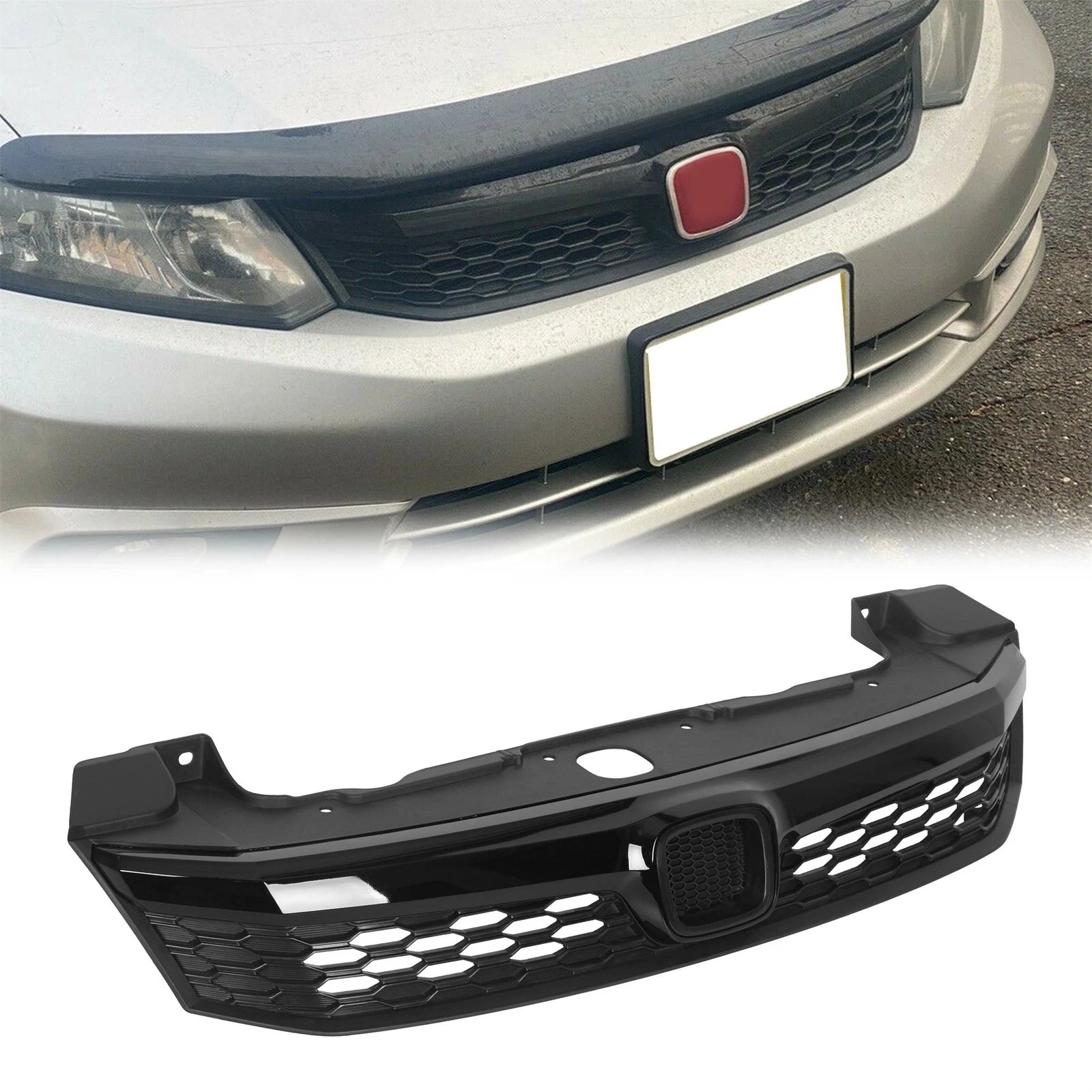 Front Upper Grille for Honda Civic 4DR Sedan (2012) Honeycomb Black Mesh