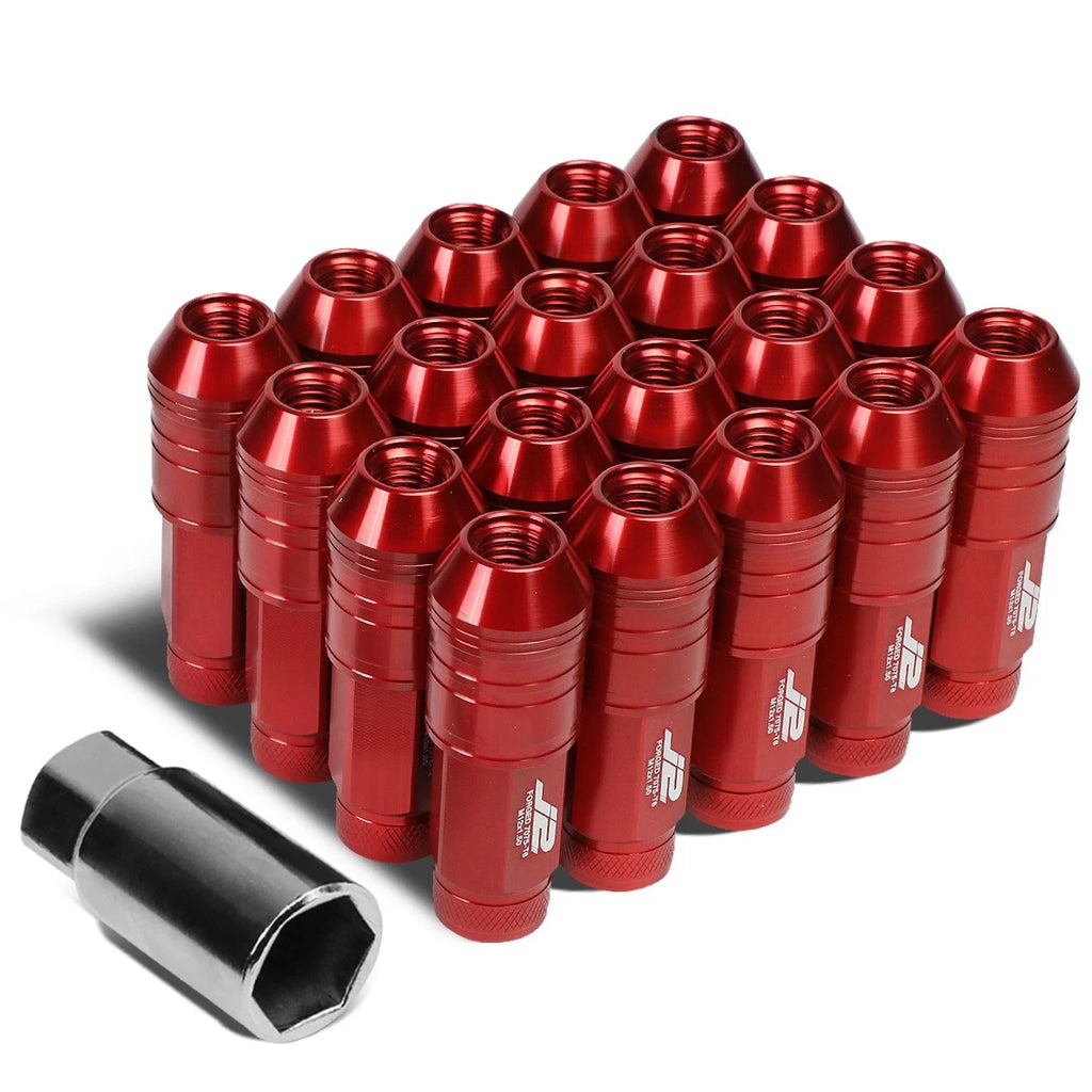Set of 20 J2 7075 Forged Aluminum M12x1.5 Open-End Lug Nuts w/Adapter Red