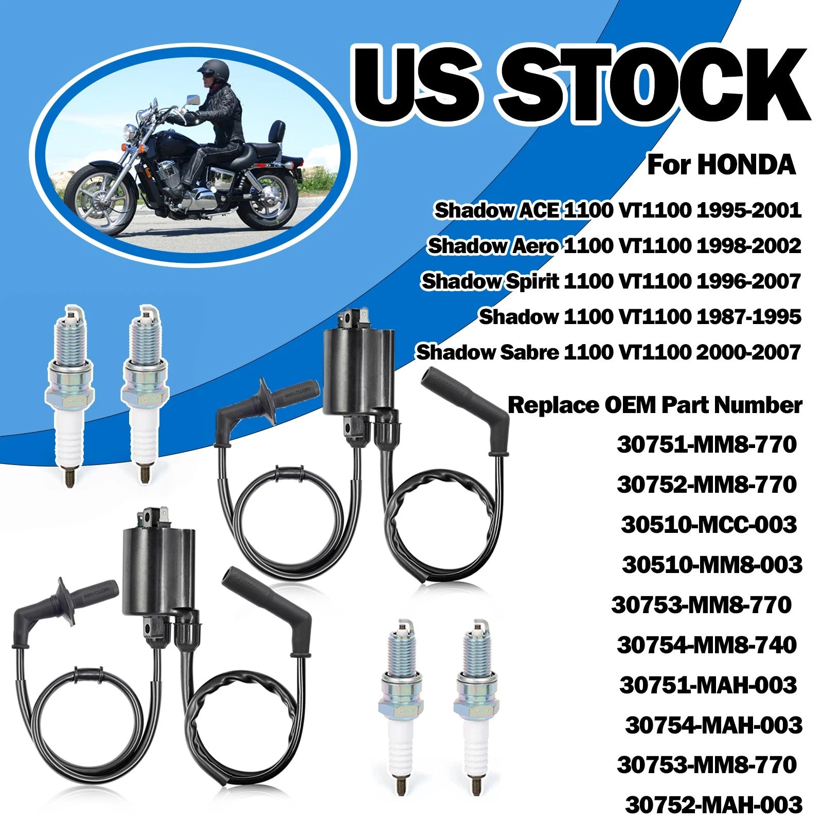 Ignition Coil Spark Plug + Cap for Honda Shadow ACE 1100 VT1100 (1995)