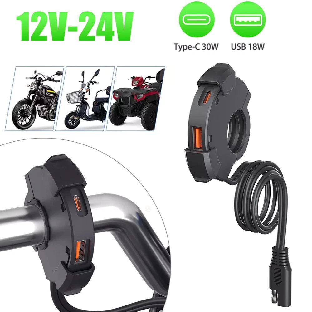 Dual USB Fast Charger Adapter for Motorcycle (12V-24V) - QC 3.0 Type-C