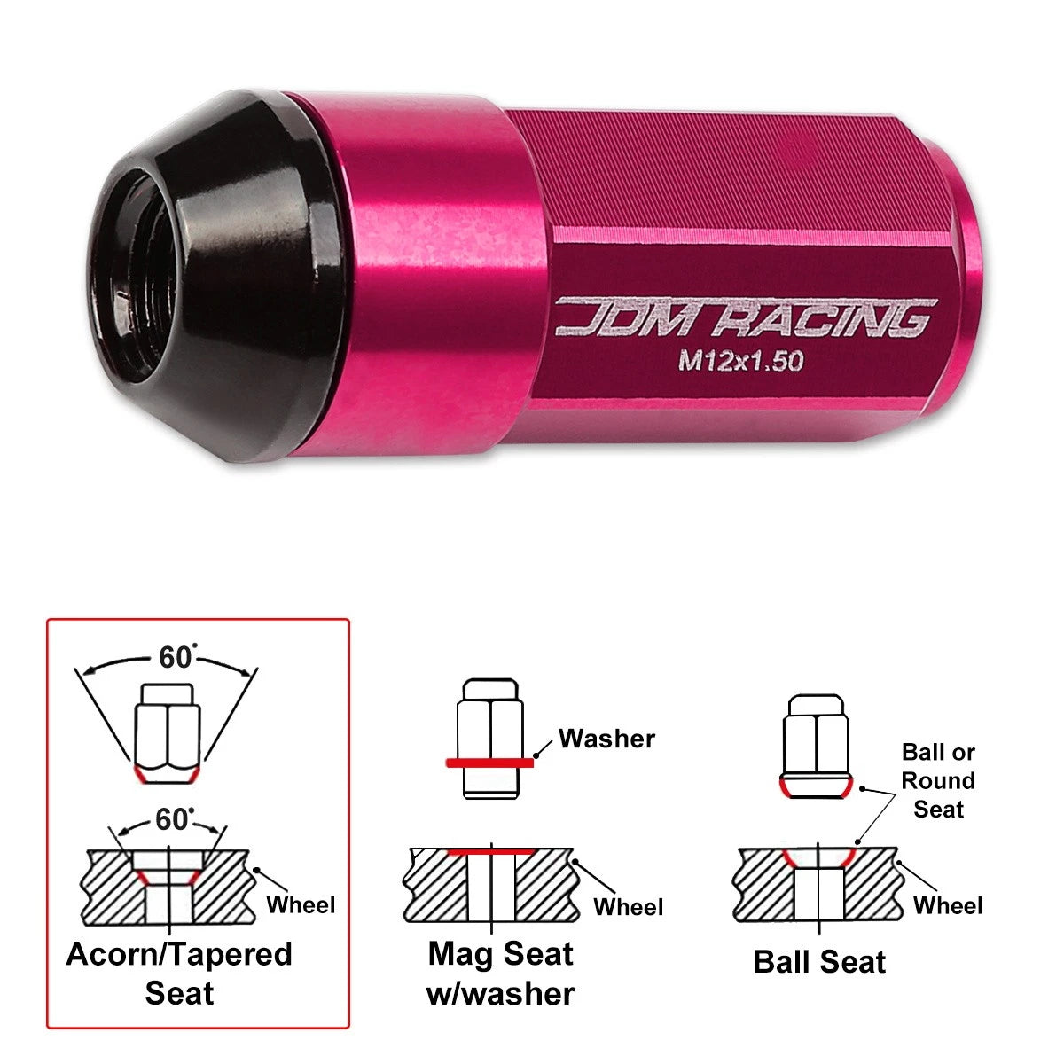 Set of 20 M12X1.5 Pink JDM Cone Seat Hex Wheel Lug Nuts with Cap & Extension