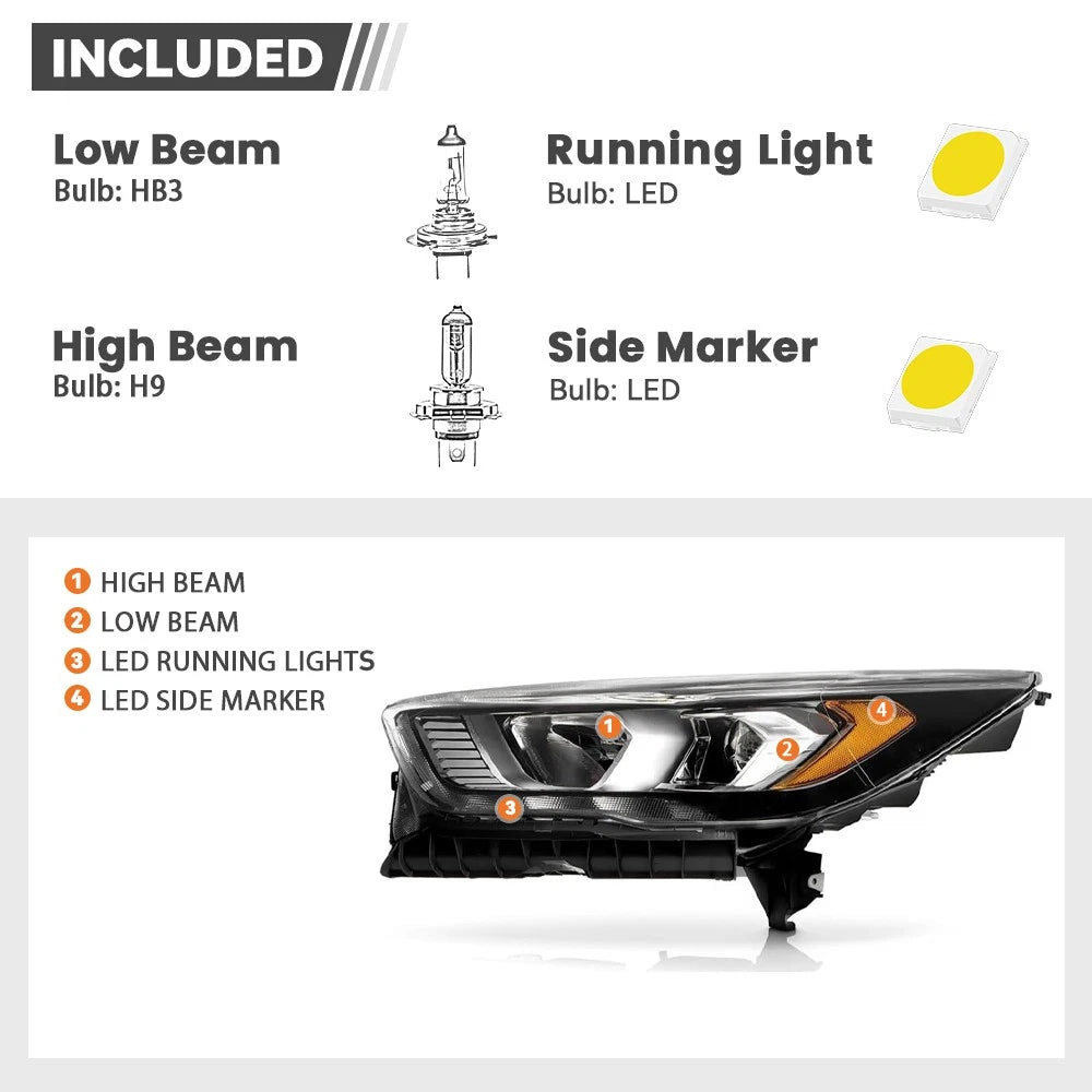Halogen Headlight for Ford Escape (2017–2019) Black w/LED DRL, Driver Side