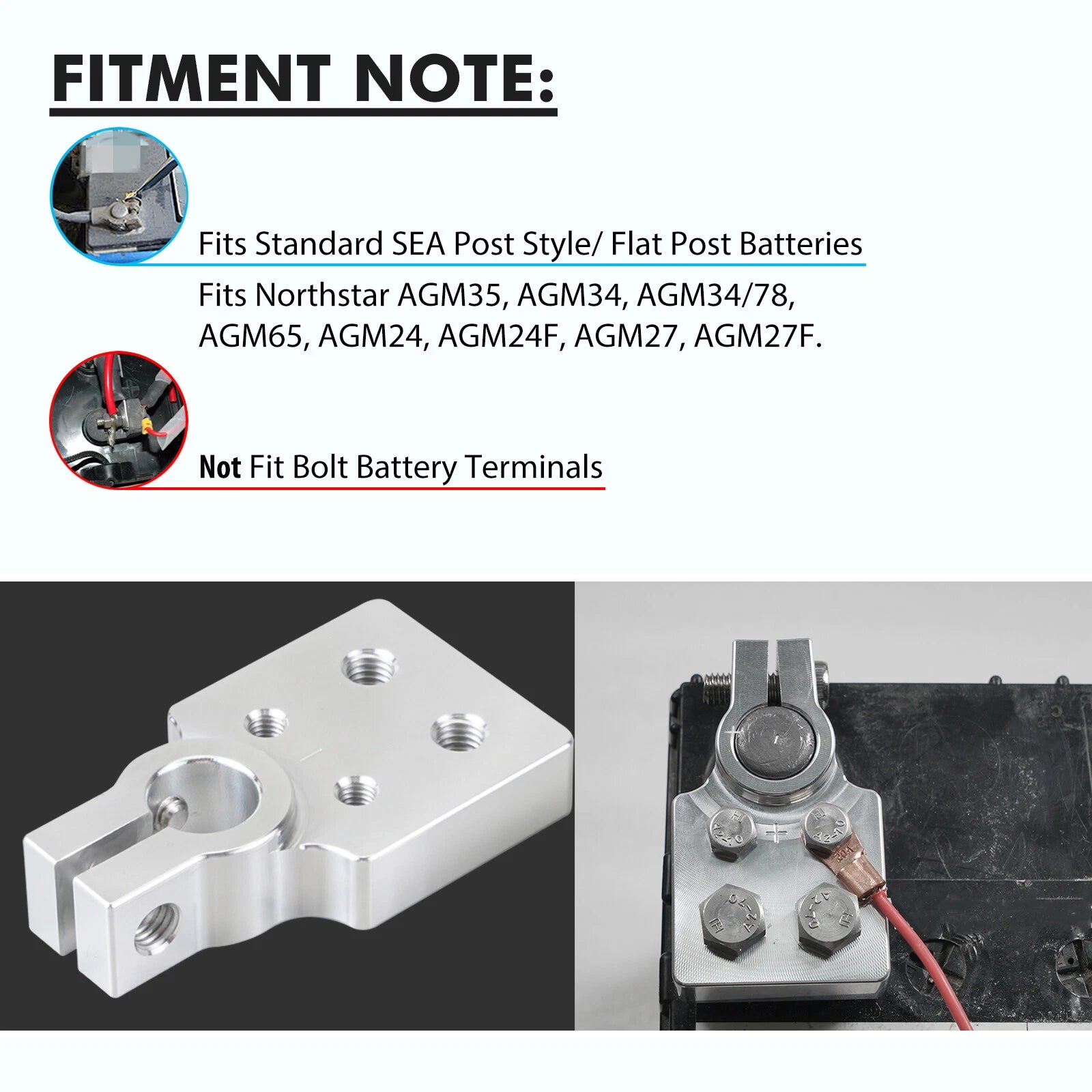 SAE 4 Spot Flat Battery Terminal for Car Audio Top Post 4/0 AWG Lugs + Bolts