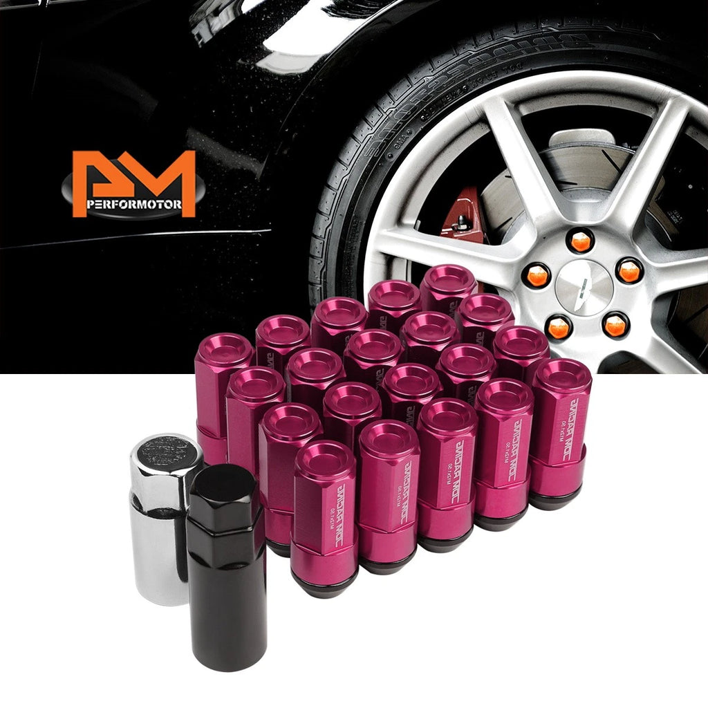 Set of 20 M12X1.5 Pink JDM Cone Seat Hex Wheel Lug Nuts with Cap & Extension
