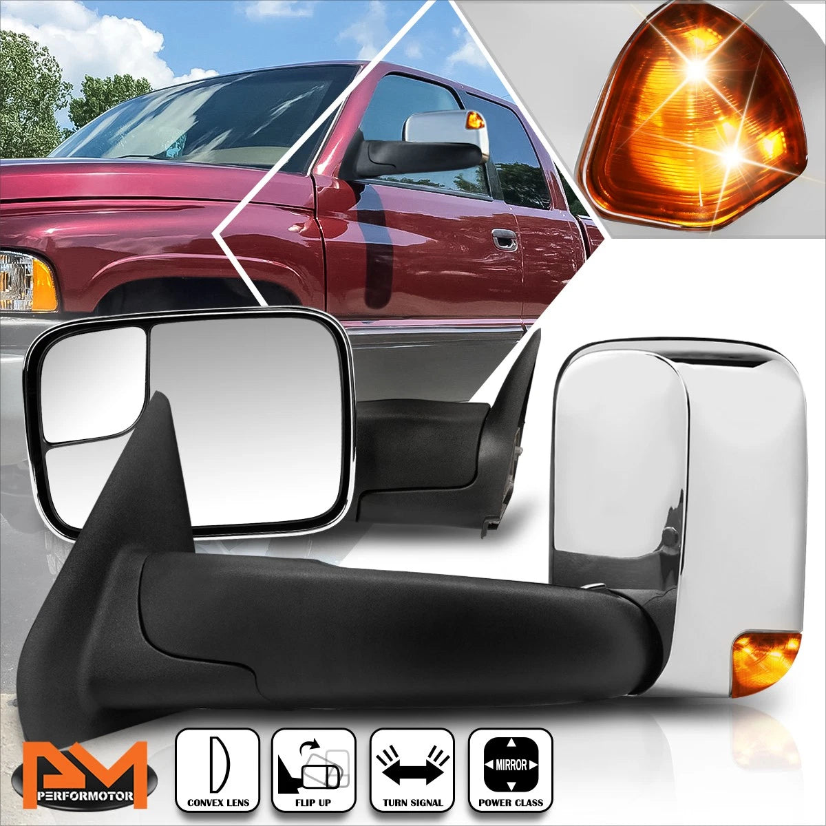 Power Chrome Side Towing Mirror with LED Signal for Dodge Ram 1500-3500 (1994–1997)
