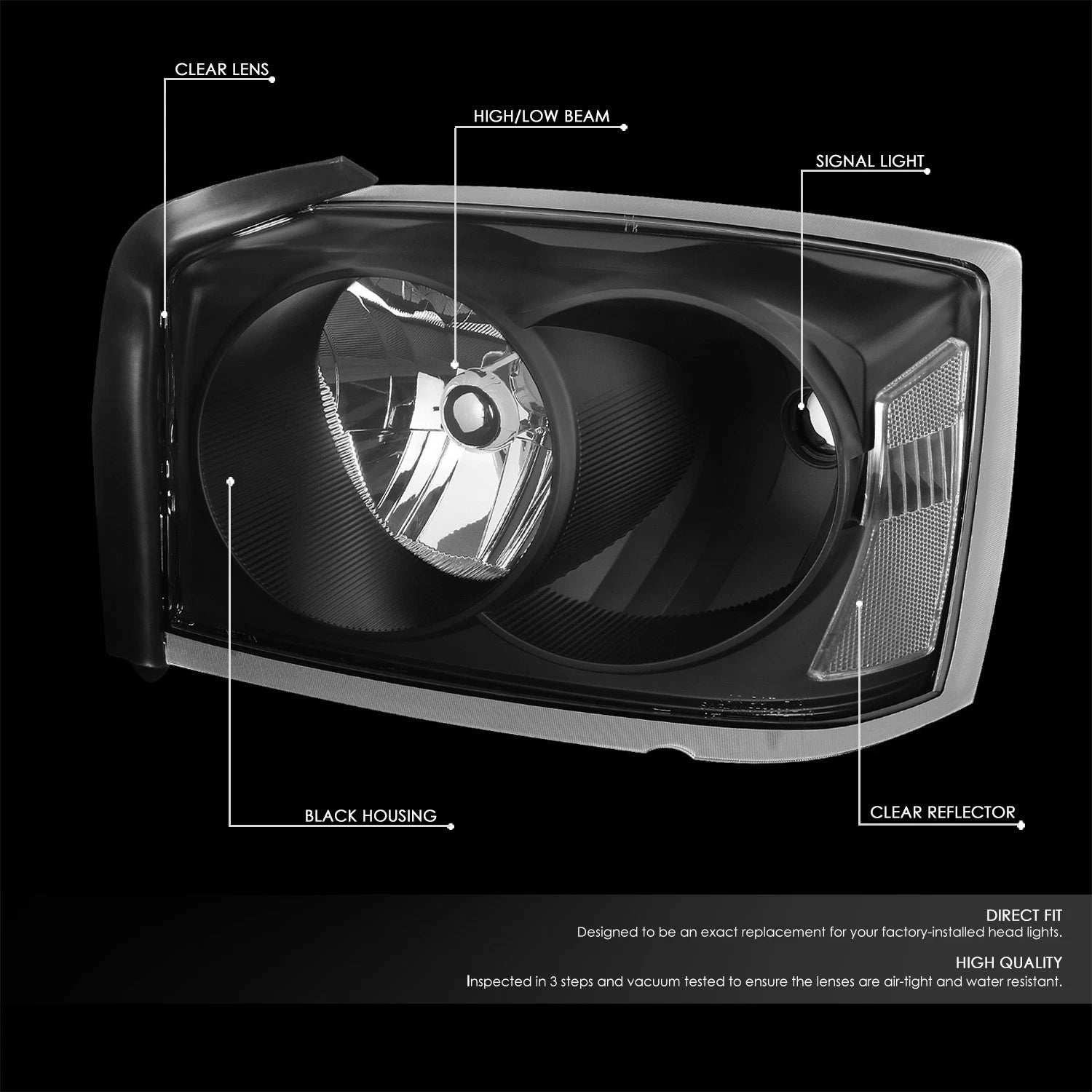 Headlights for Dodge Dakota (2005–2007) - Black Housing, Clear Lens