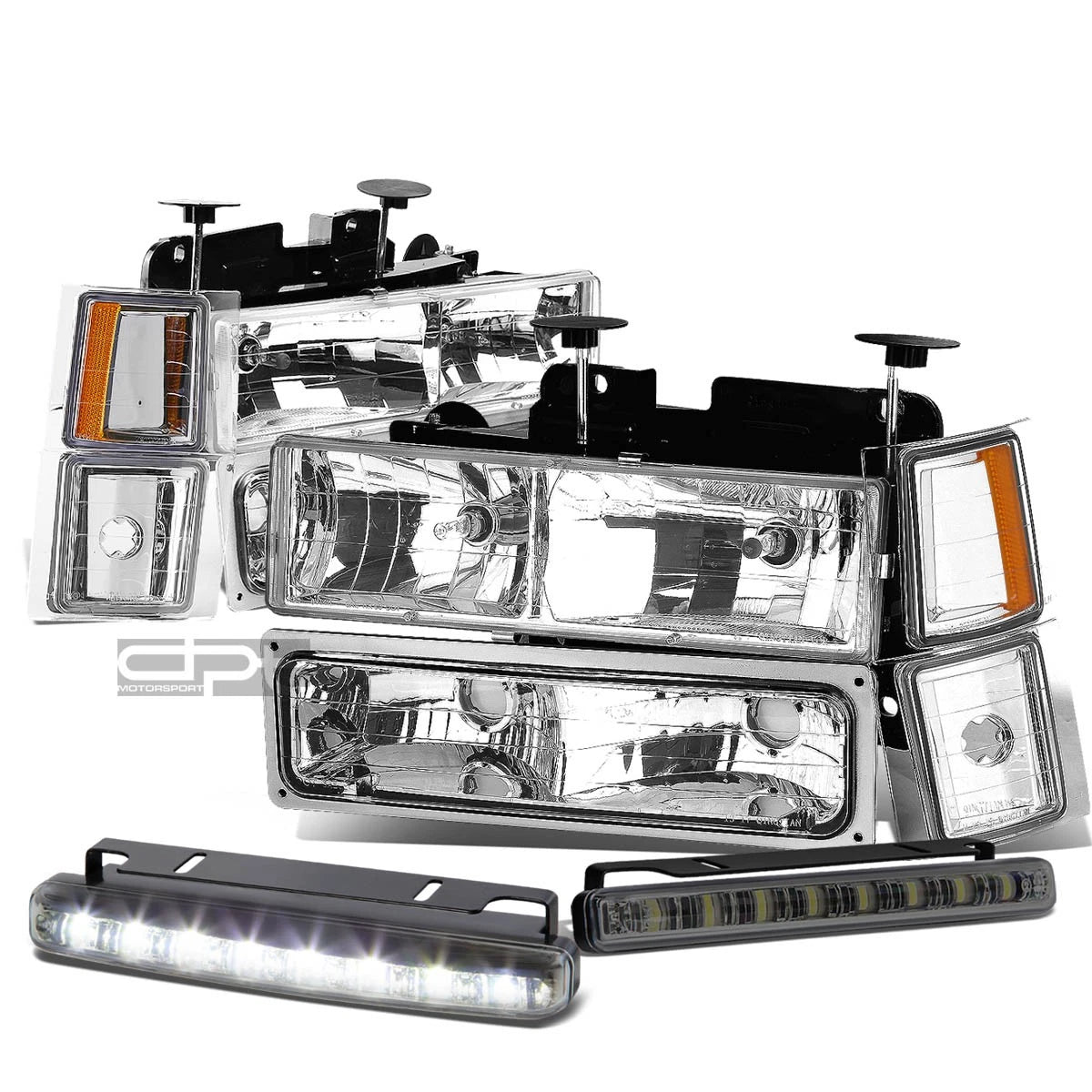 Chrome Headlight + Amber Corner + Bumper + LED Fog Light Set for GM C/K Suburban (1994–1998)