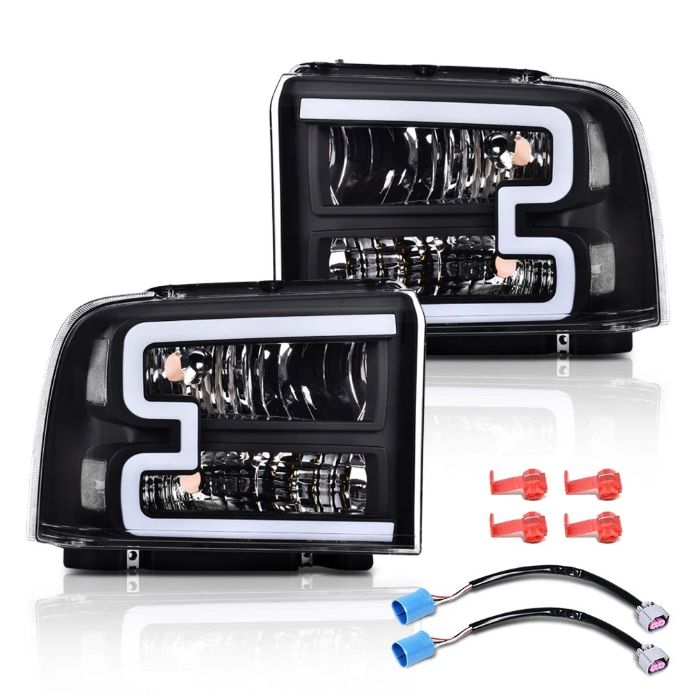 Black LED DRL Headlights for Ford F250 F350 Super Duty (2005–2007)