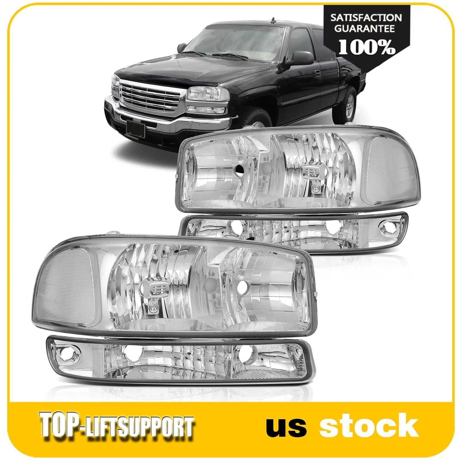 Chrome Headlight Assembly and Bumper Lamps for GMC Sierra 1500 2500 3500 (1999–2007)
