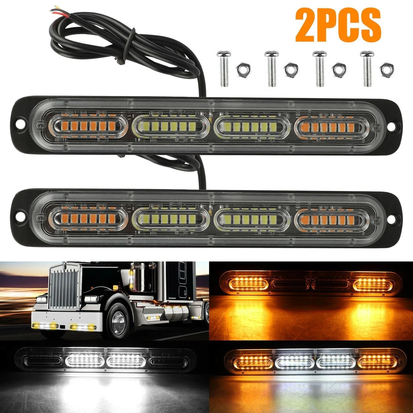 2X Strobe Beacon Light Bar for Truck Car (Amber/White) EAX EXV