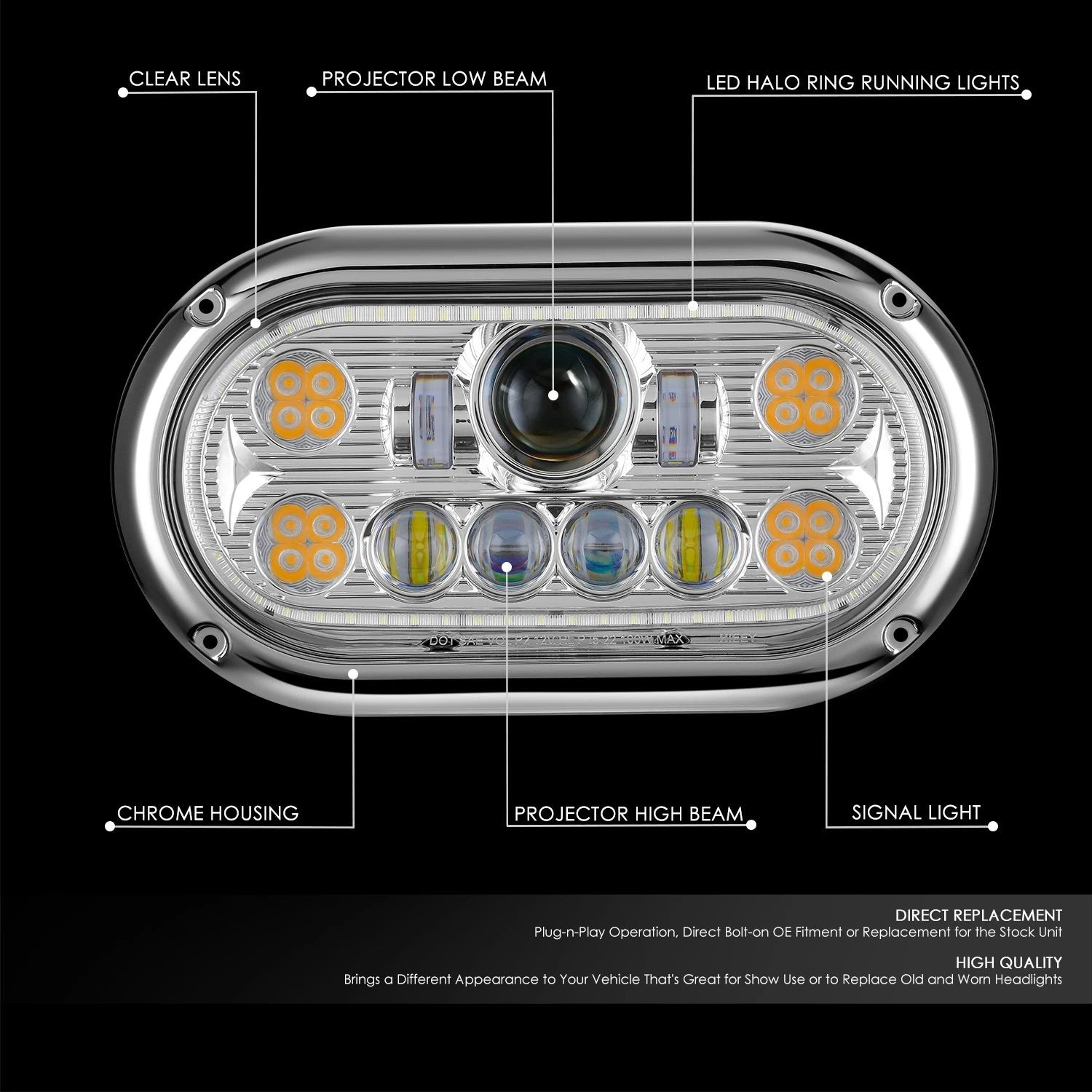 Chrome Clear Halo Ring LED Dual Projector Headlight for Peterbilt 359 (1967–1987)