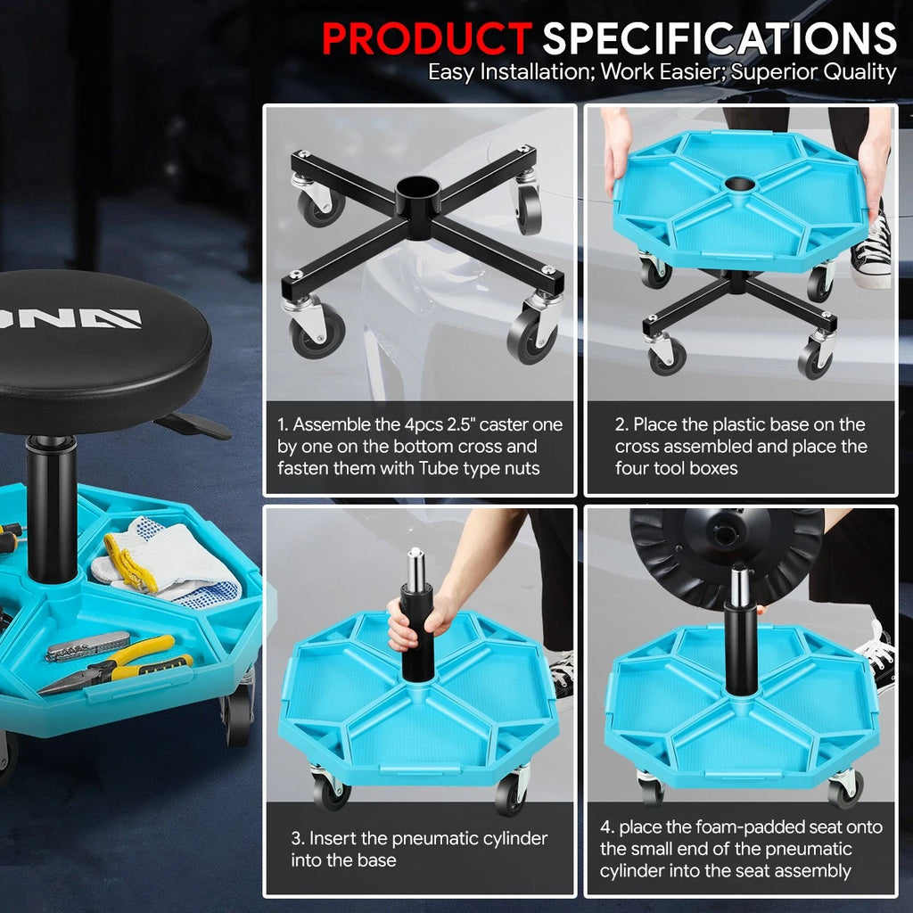 Adjustable Tool Padded Seat Stool for Garage Workshop (300 lbs Capacity)