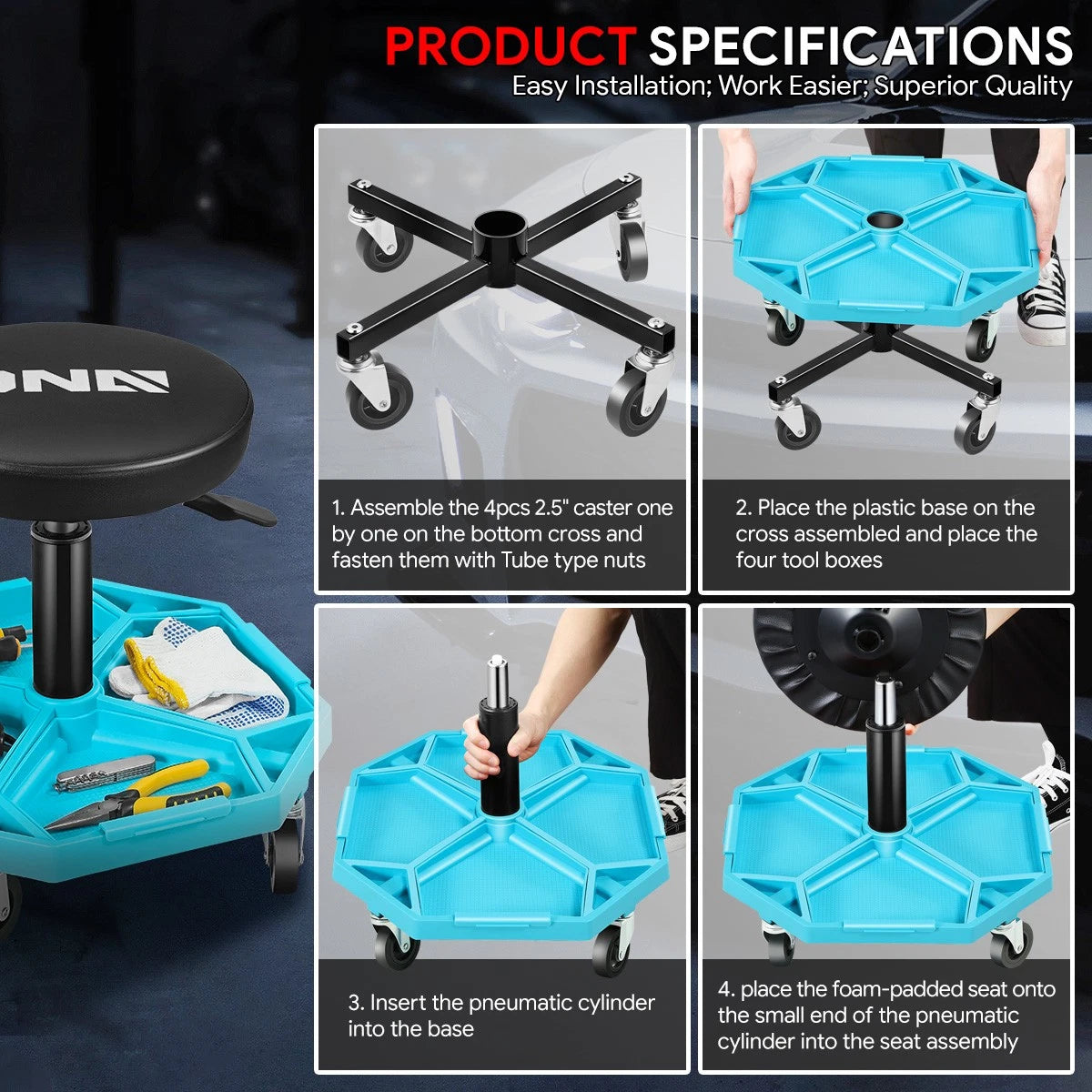 Adjustable Tool Padded Seat Stool for Garage Workshop (300 lbs Capacity)