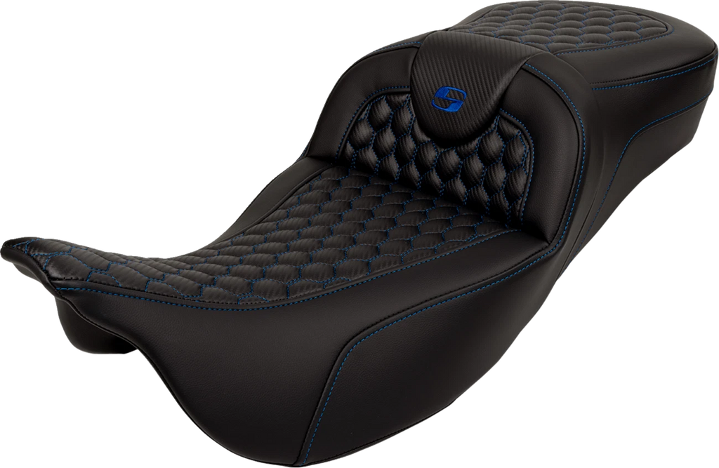 SADDLEMEN RoadSofa Seat for Harley Davidson (Extended Reach, Blue Stitch)