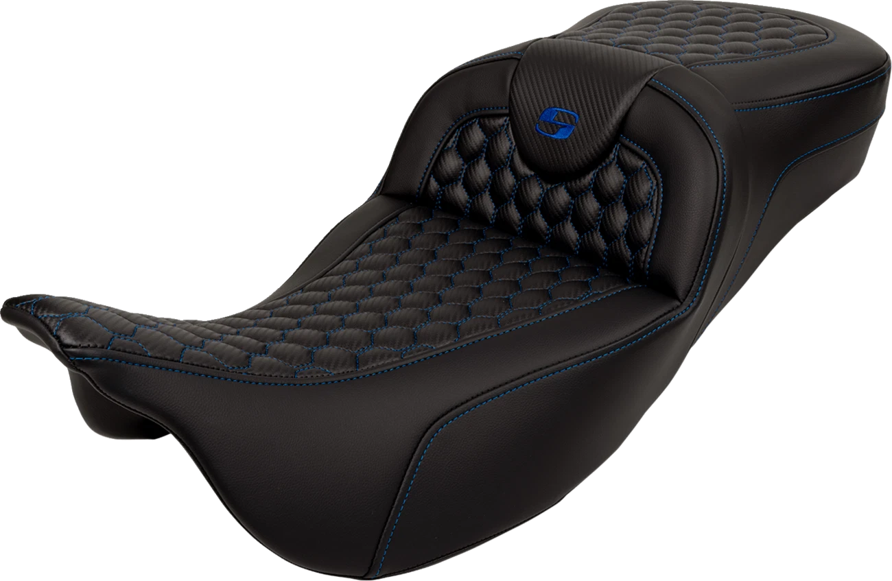 SADDLEMEN RoadSofa Seat for Harley Davidson (Extended Reach, Blue Stitch)