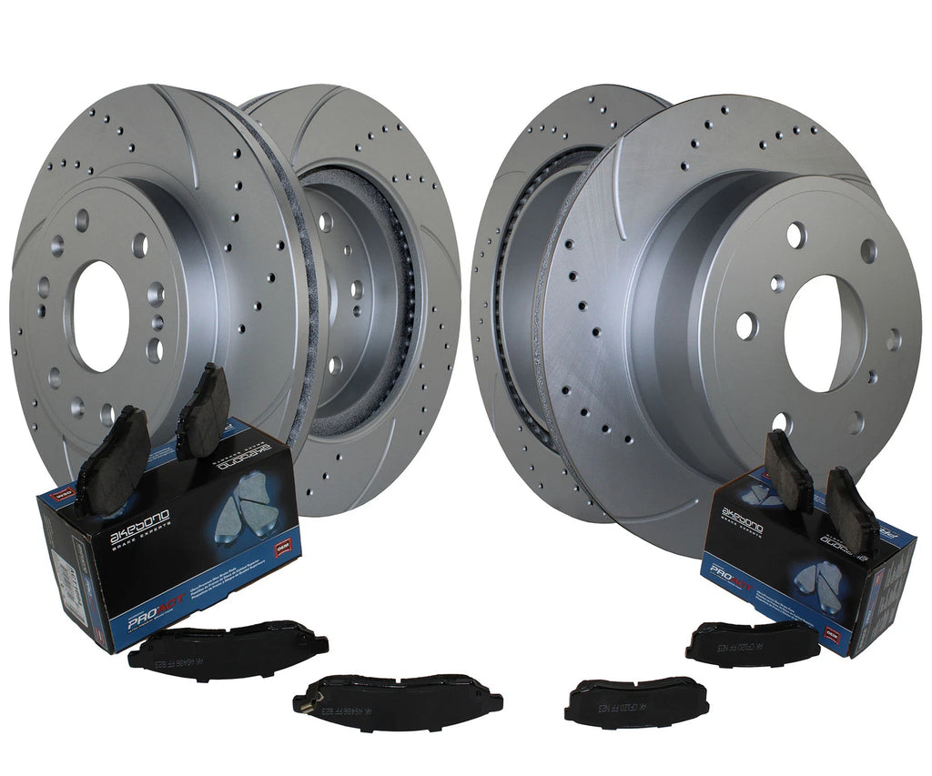 Front & Rear Brake Kit for Cadillac Chevy GMC (Akebono Ceramic, Drilled Rotors)