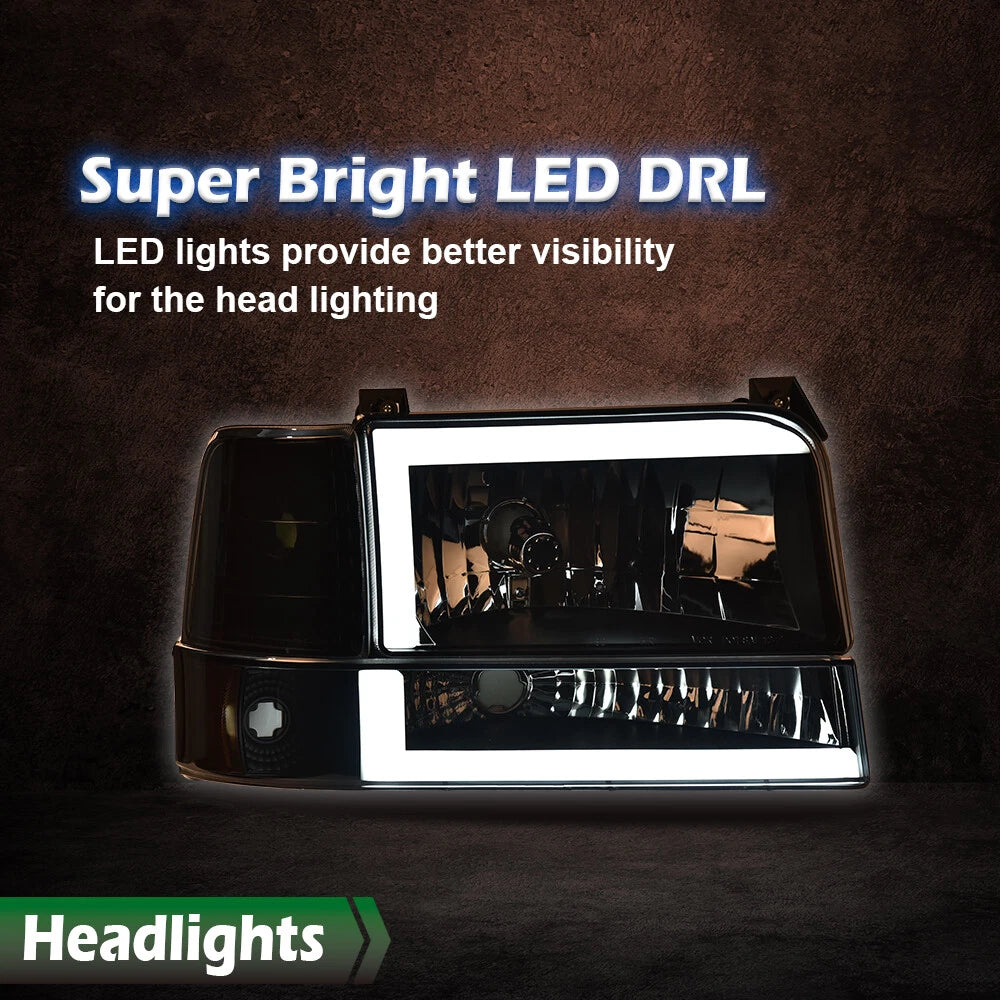 LED DRL Smoke Black Headlights for Ford F-150 Bronco (1992–1996)