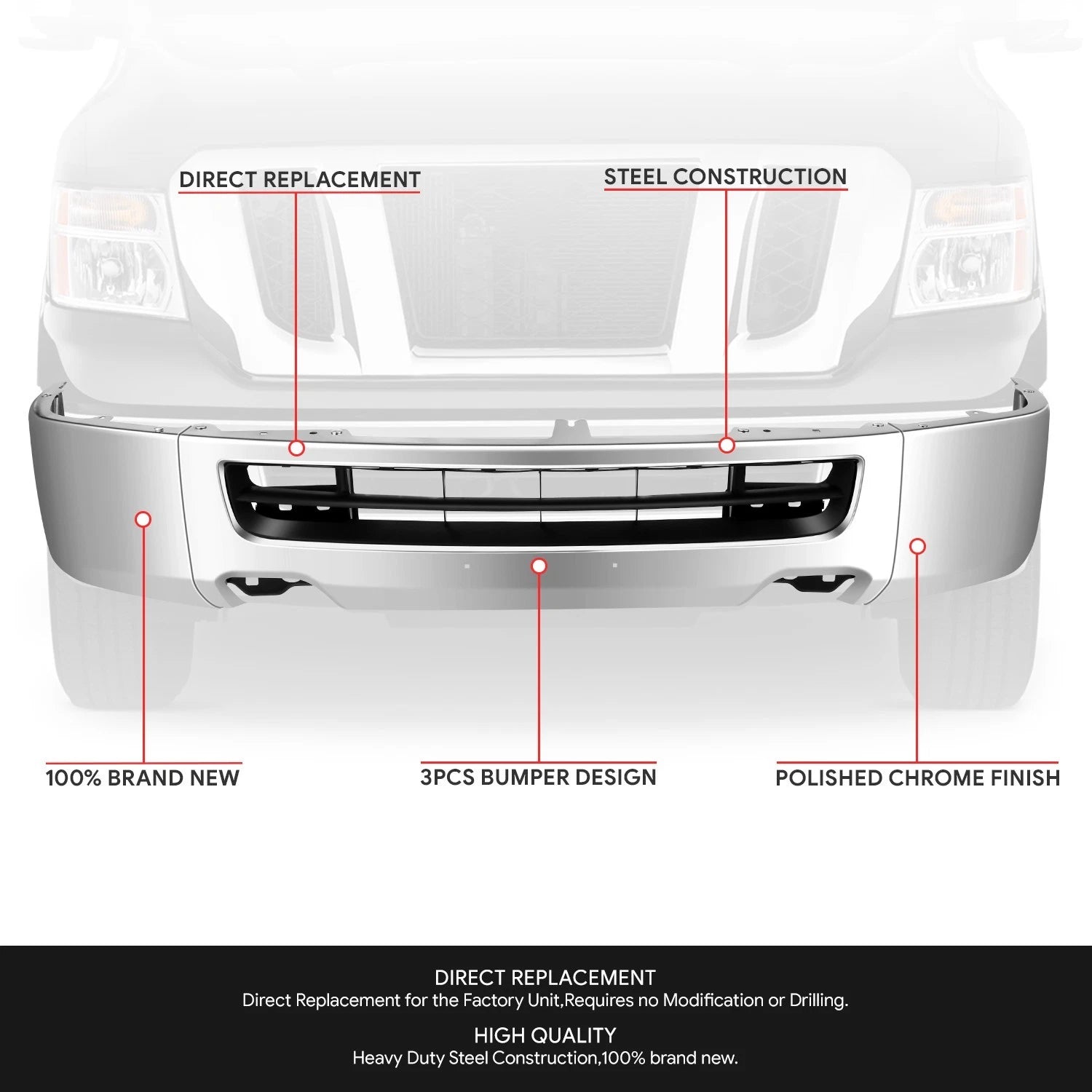 Chrome Front Bumper Face Bar for NV1500 NV2500 NV3500 (2012–2021)