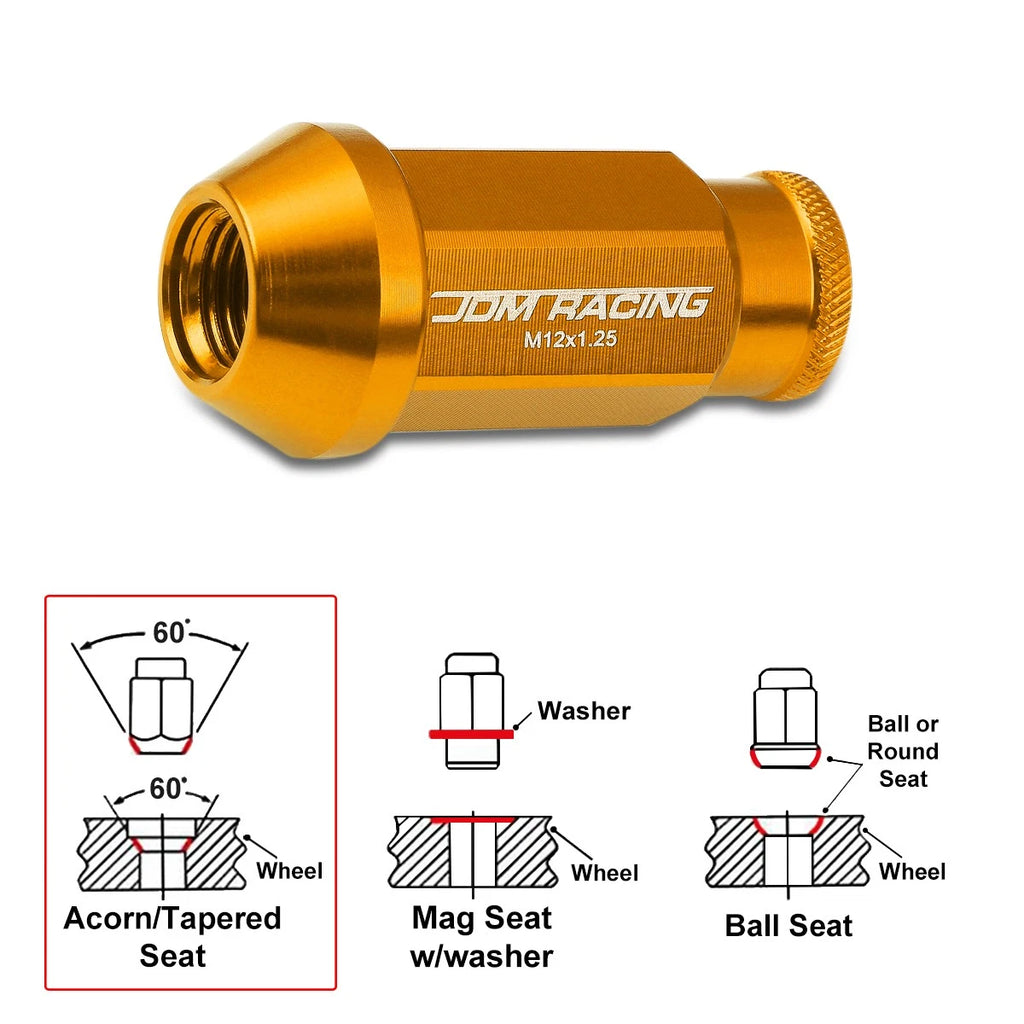 20Pc M12X1.25 Orange JDM Open-End Acorn Hex Wheel Lug Nuts + Extension 25mmx50mm
