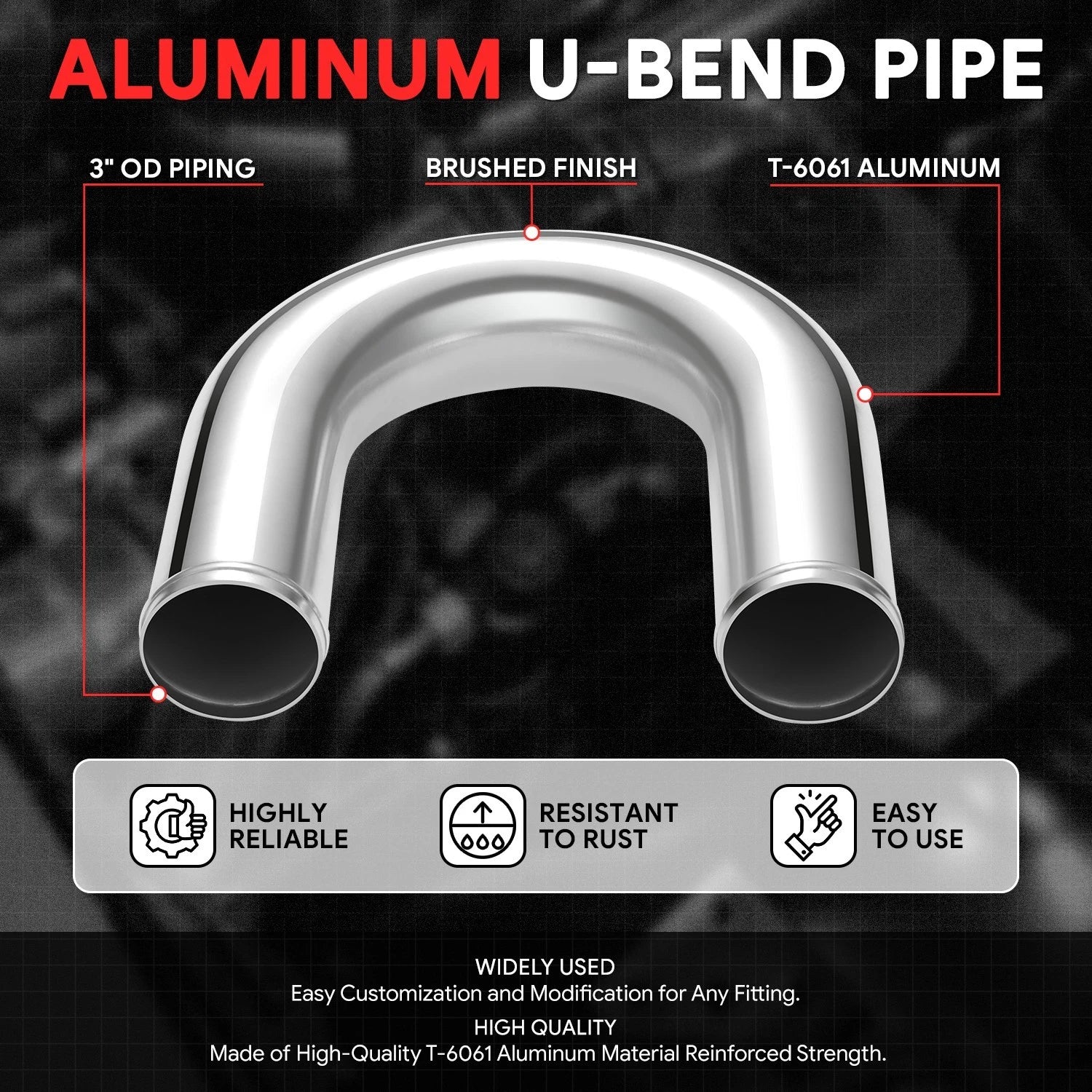 3" OD U-Bend Pipe for Intercooler (180 Degrees, 9-Gauge Aluminum)