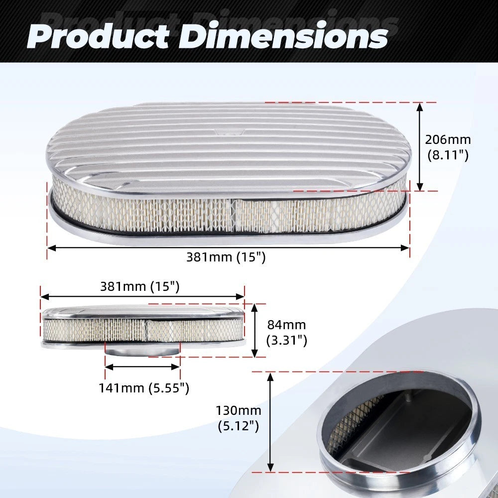 15" Oval Full Finned Air Cleaner for SBC BBC Chevy Ford (5-1/8 Carb Neck)