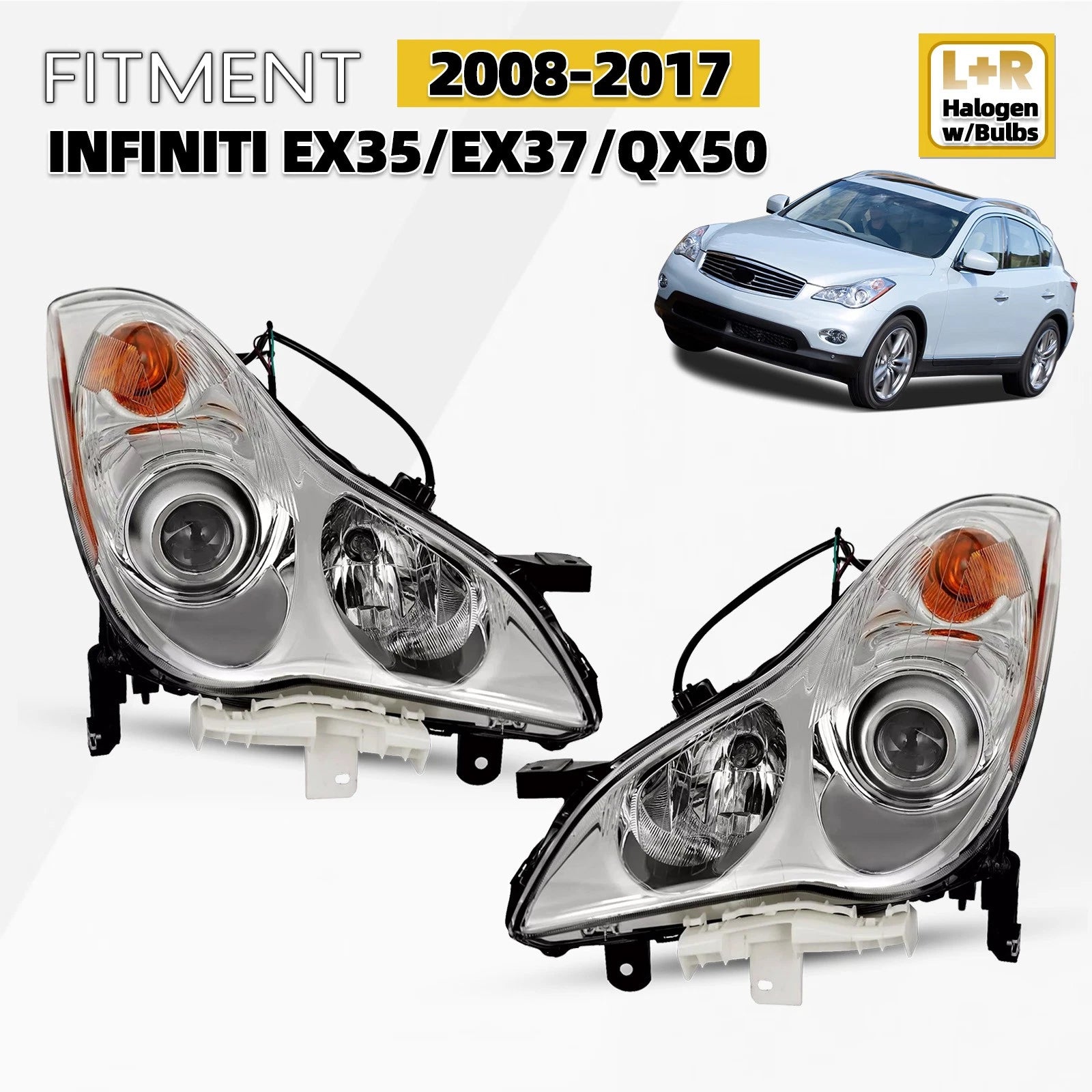 Set of 2 Halogen Headlights for Infiniti EX35 QX50 (2008–2017) W/Bulb