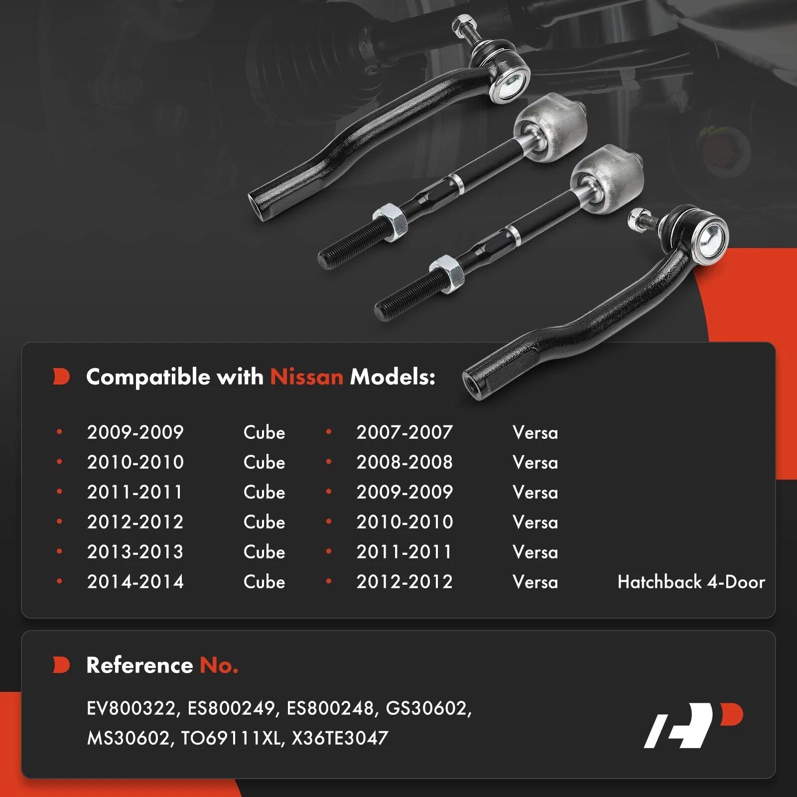 Set of 4 Front Inner Outer Tie Rod Ends for Nissan Versa (2007–2012) Cube (2009–2014)