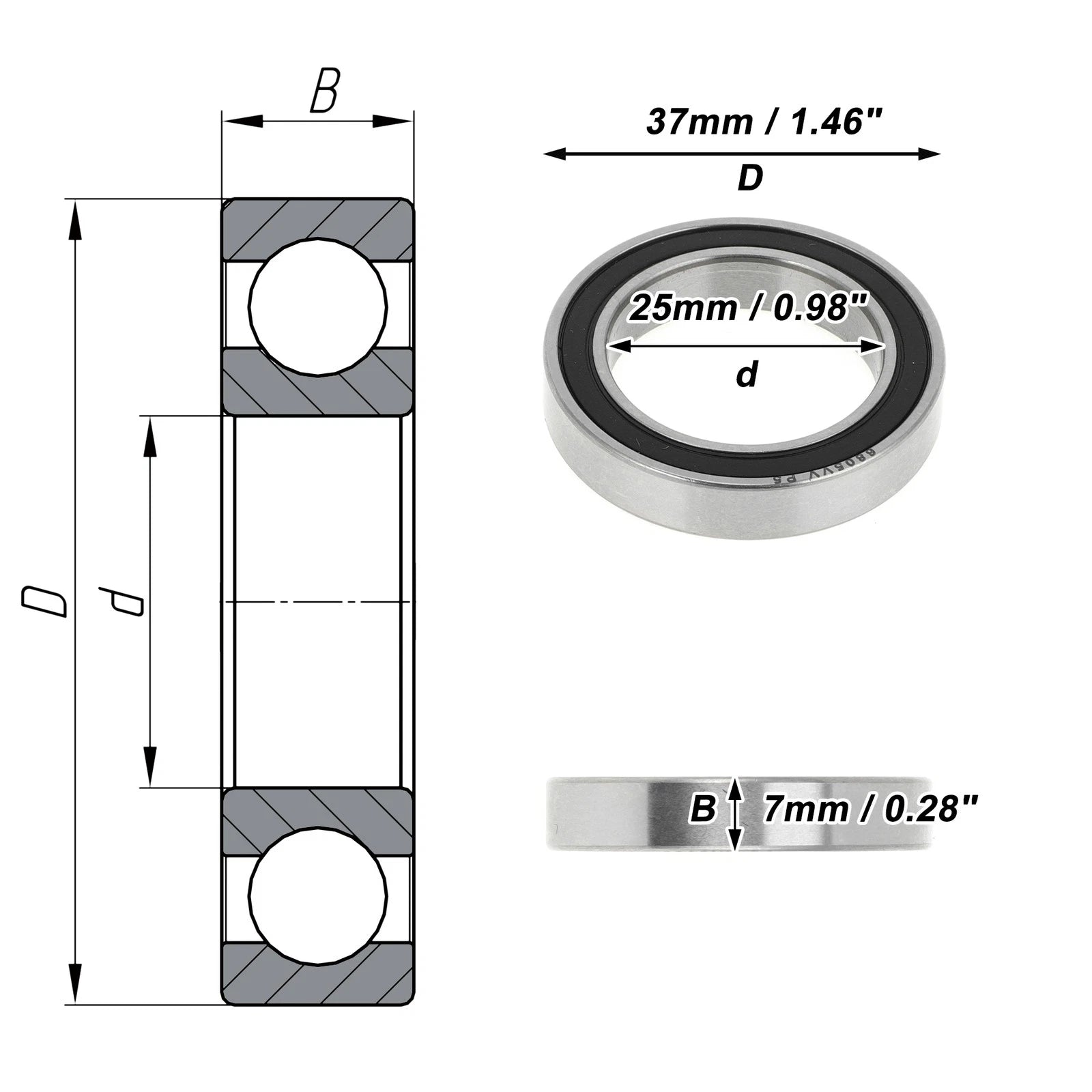 Deep Groove Ball Bearing 6805VV for Scooter Skateboard (25x37x7mm)