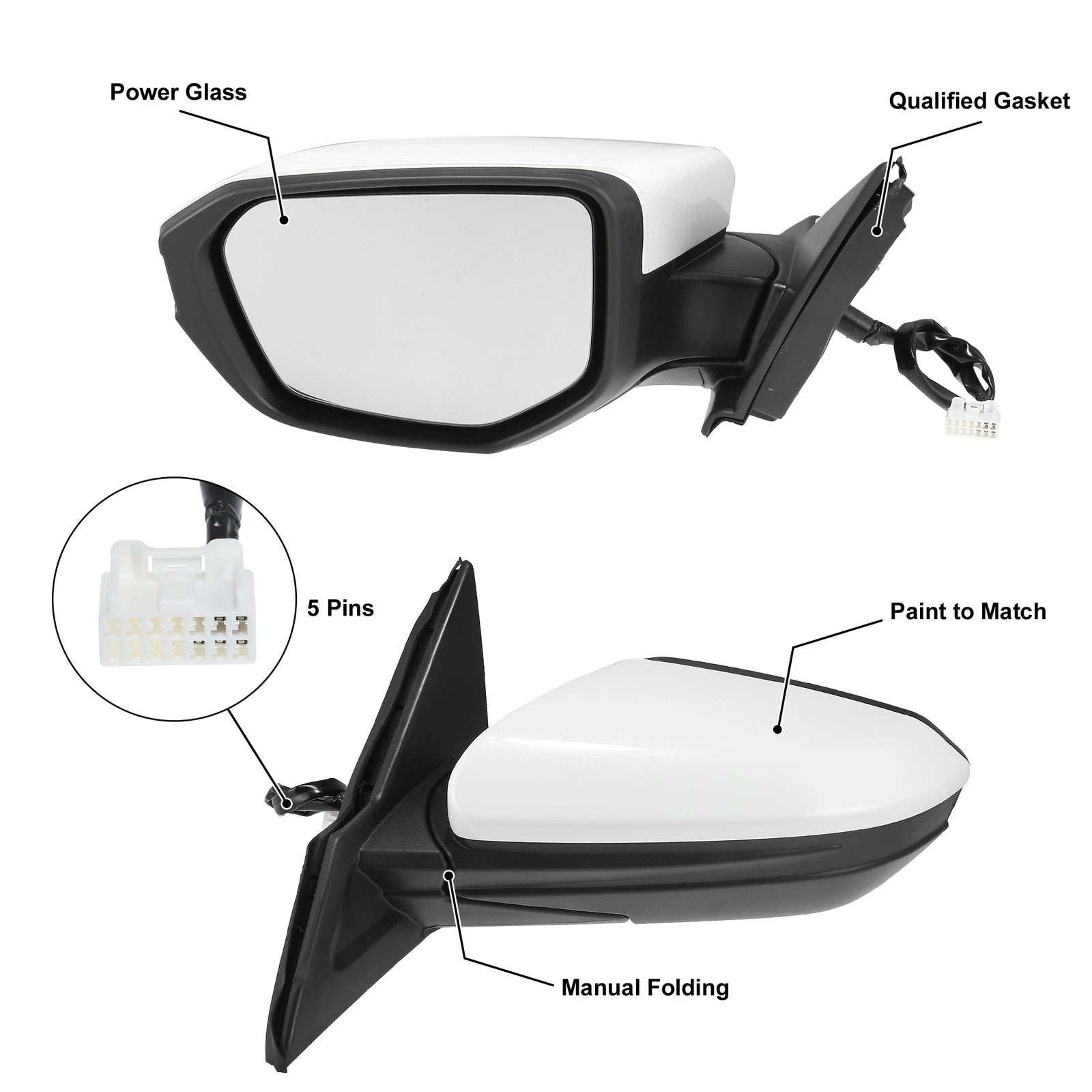 5 Pin Left Side Exterior Door Mirror Assembly for Honda Civic (2016–2020)