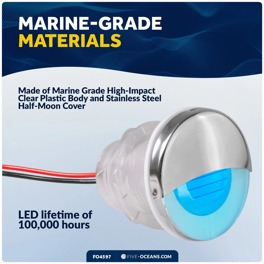 LED Boat Courtesy Lights, 1-5/16" Round, Blue, 316 Stainless Steel Cover