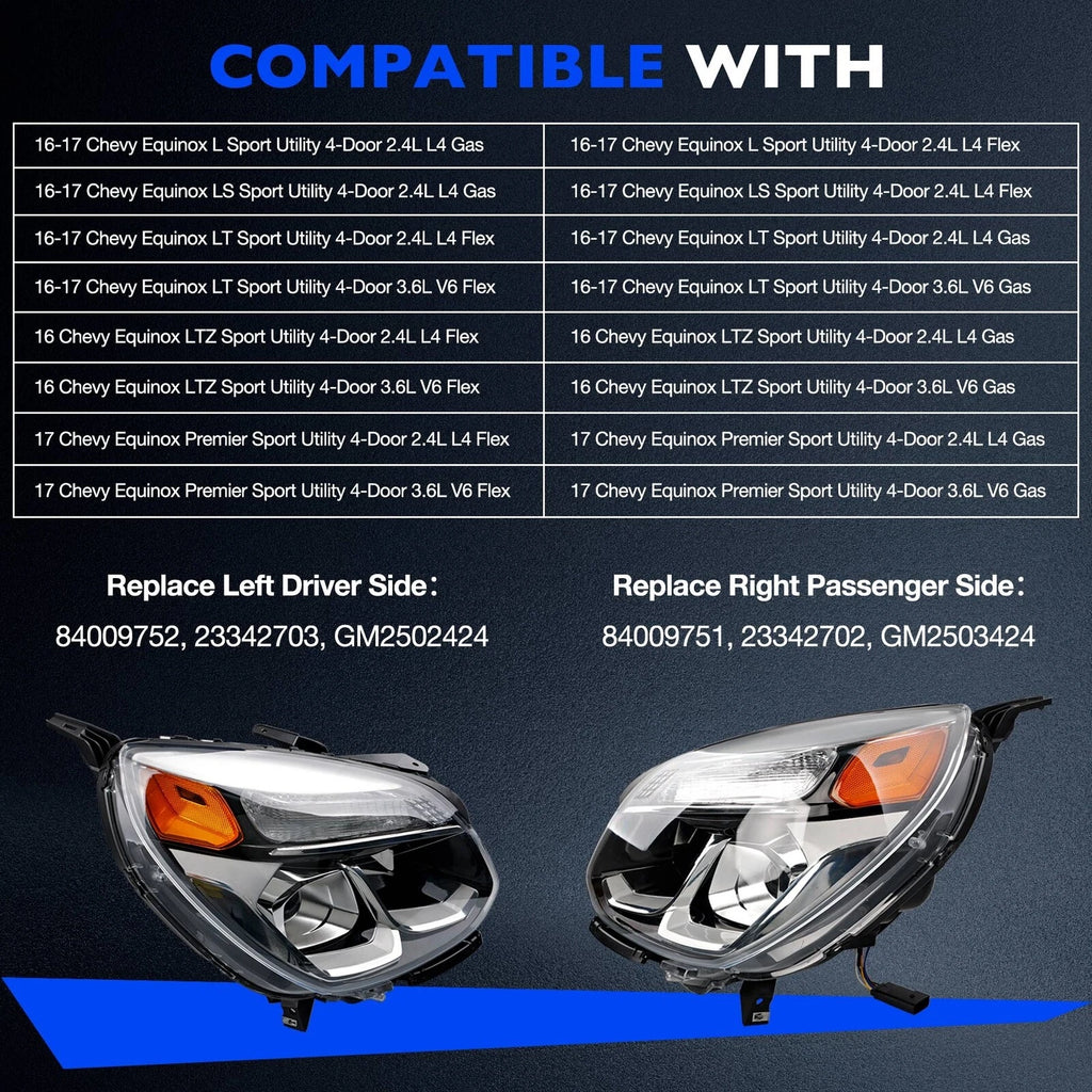 Set of 2 Halogen Chrome Headlight Assembly for Chevy Equinox (2016–2017)