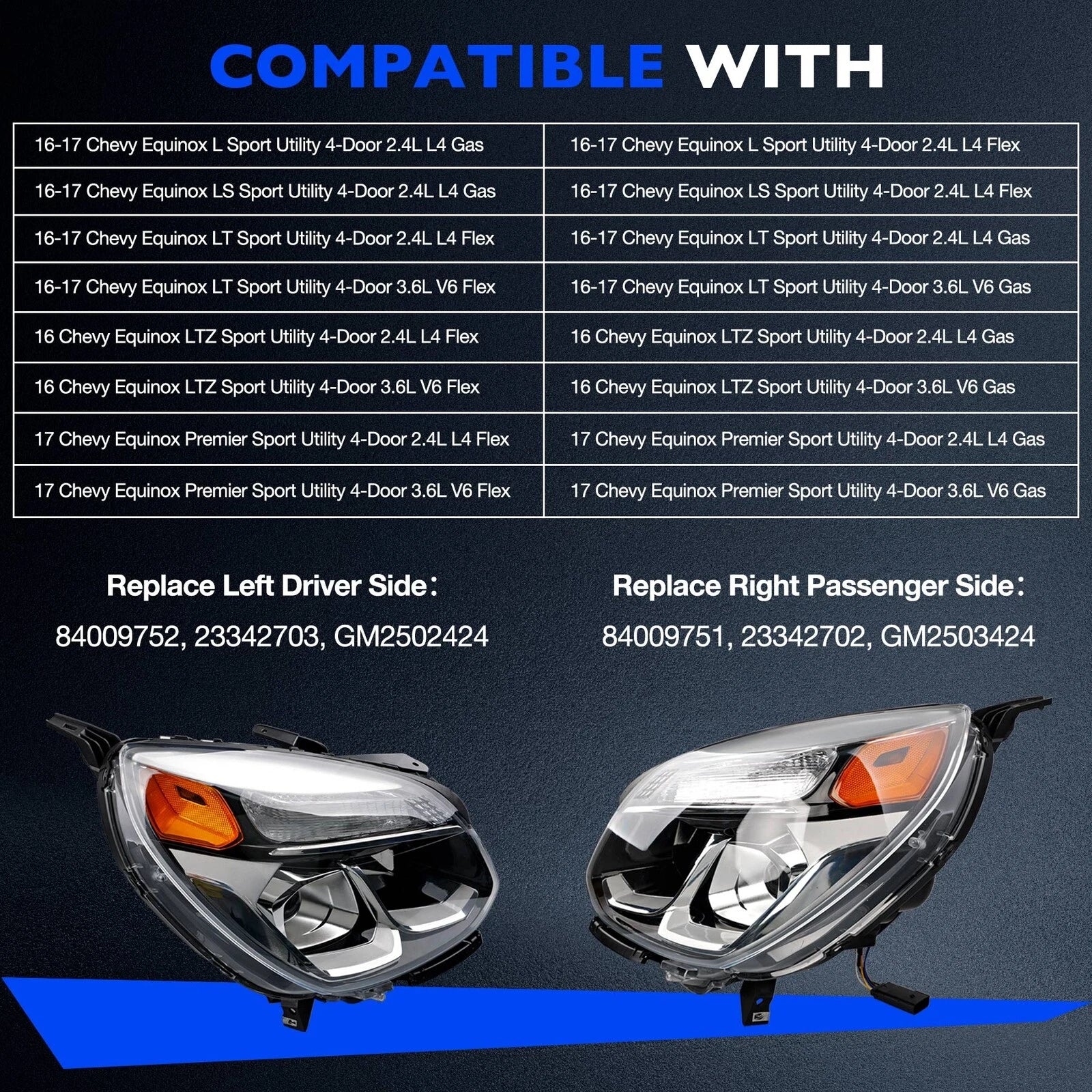 Set of 2 Halogen Chrome Headlight Assembly for Chevy Equinox (2016–2017)