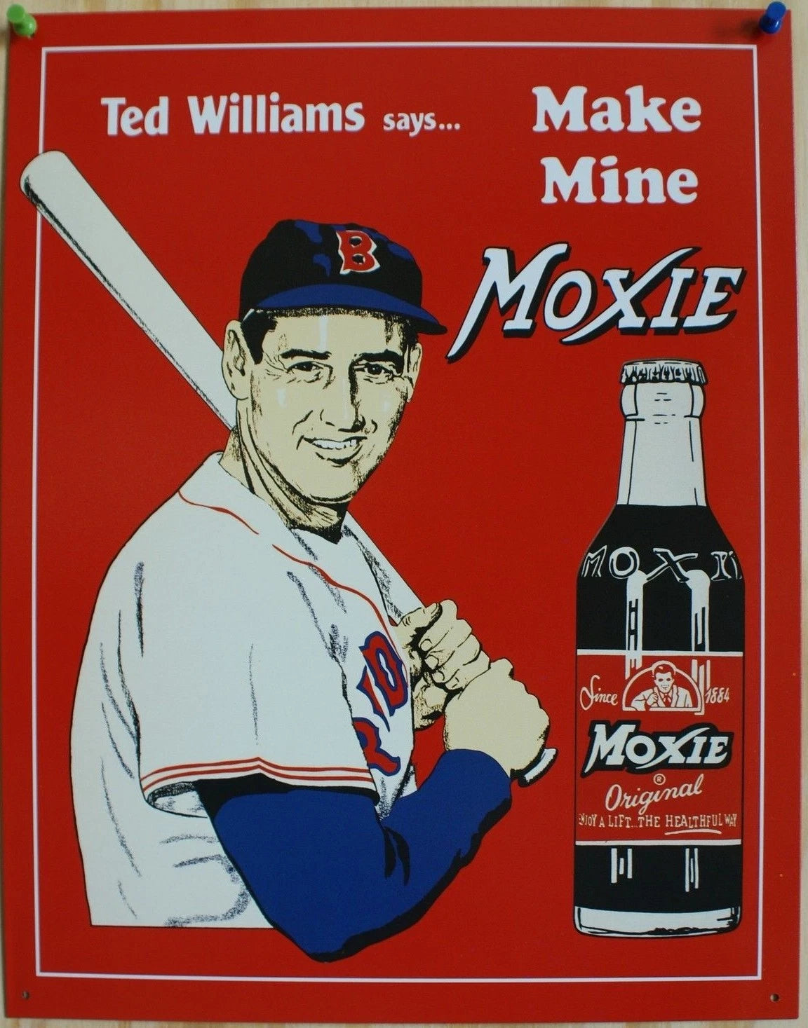 Vintage Replica Tin Metal Sign for Ted's Moxie Baseball Soda (1960)