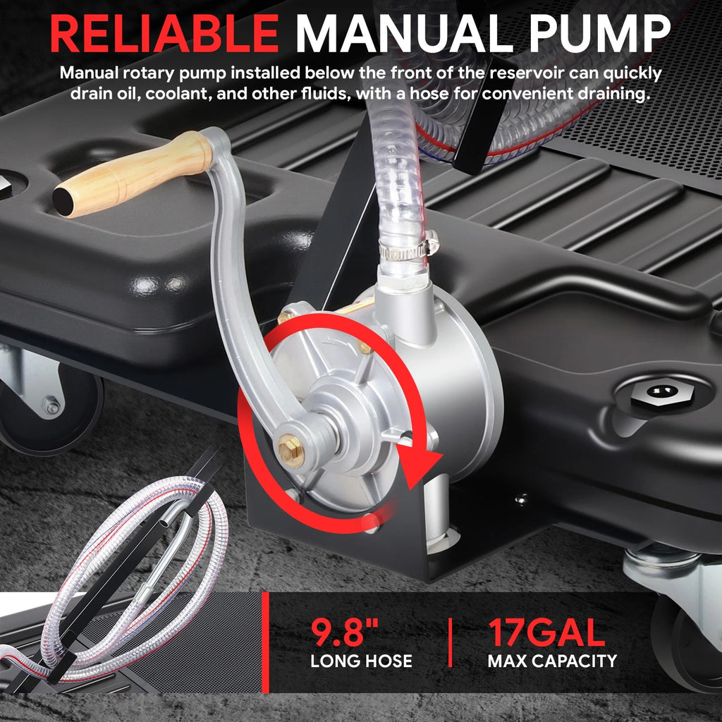 17 Gallon Low Profile Oil Drain Pan with Manual Pump & Wheels for Car Truck