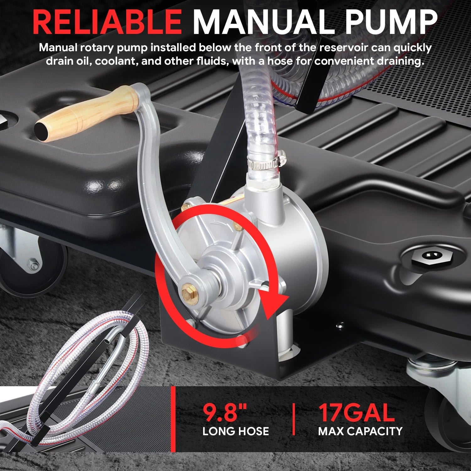 17 Gallon Low Profile Oil Drain Pan with Manual Pump & Wheels for Car Truck