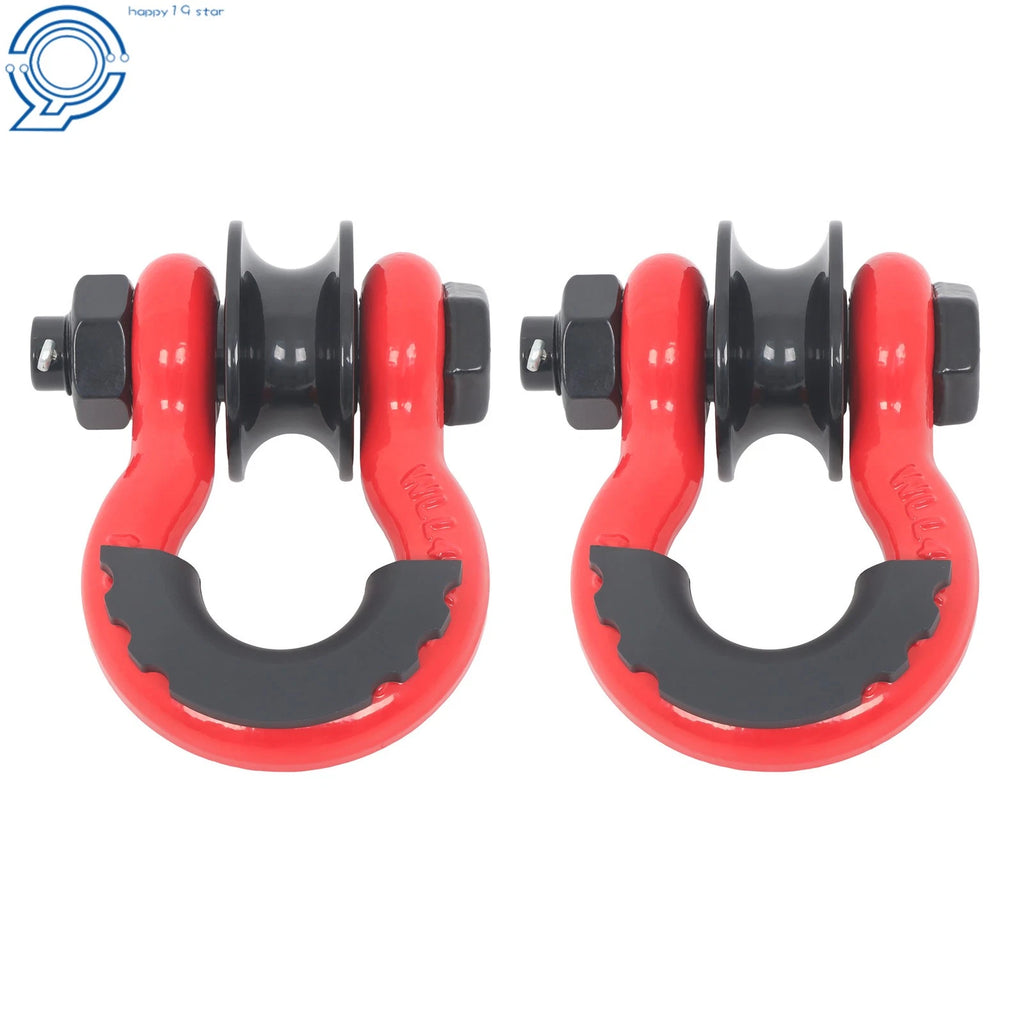 Set of 2 Red 3/4" D Ring Recovery Shackles with Pulley 22000 lb Capacity