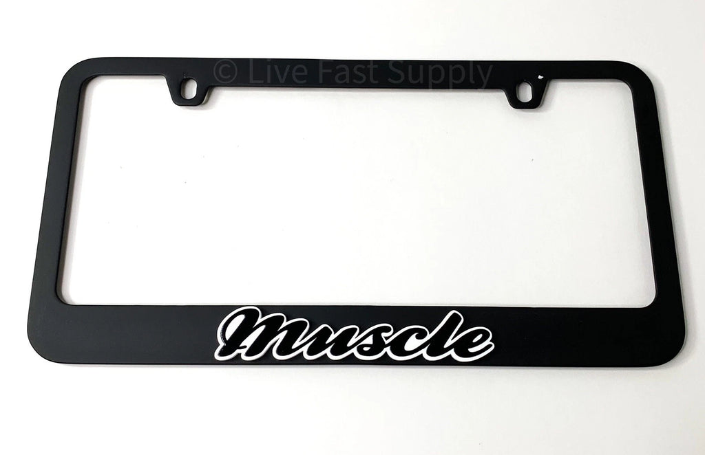 Matte Black License Plate Frame Premium w White Outline for Muscle (Any)