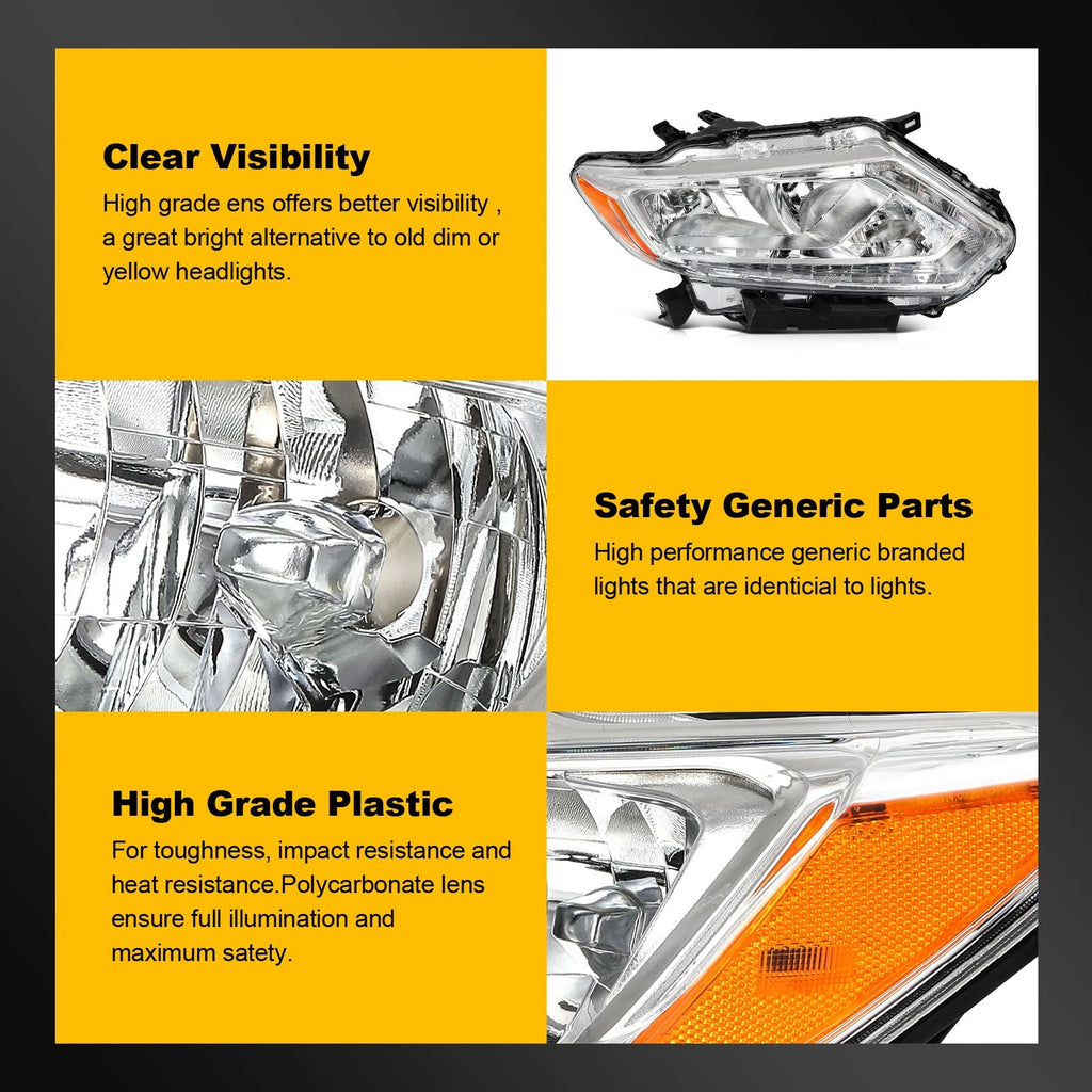 Set of 2 Headlight Assemblies for Nissan Rogue (2014–2016) Chrome Amber