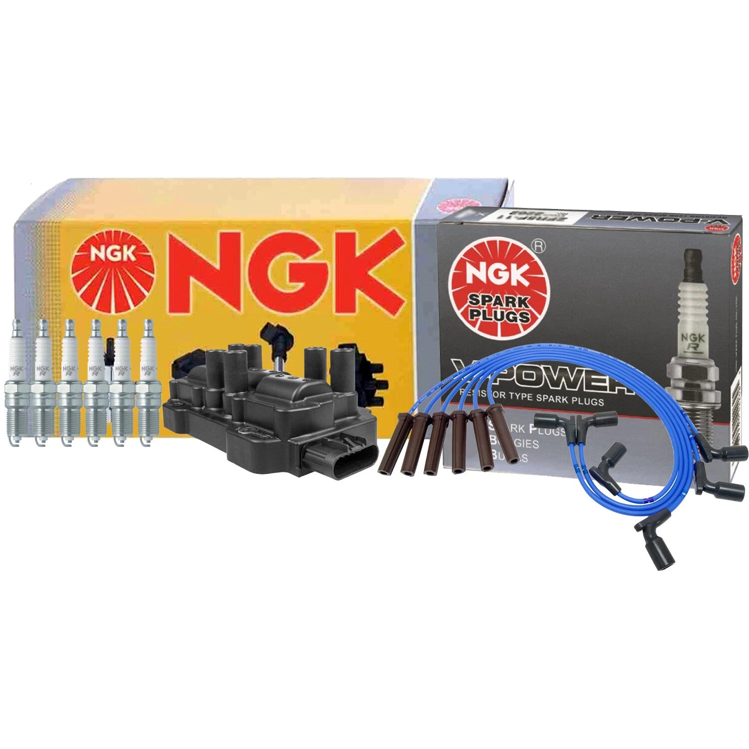 NGK DIS Ignition Coil Wires & 6 V-Power Spark Plugs for Chevy GMC 4.3 V6 (1996–2002)