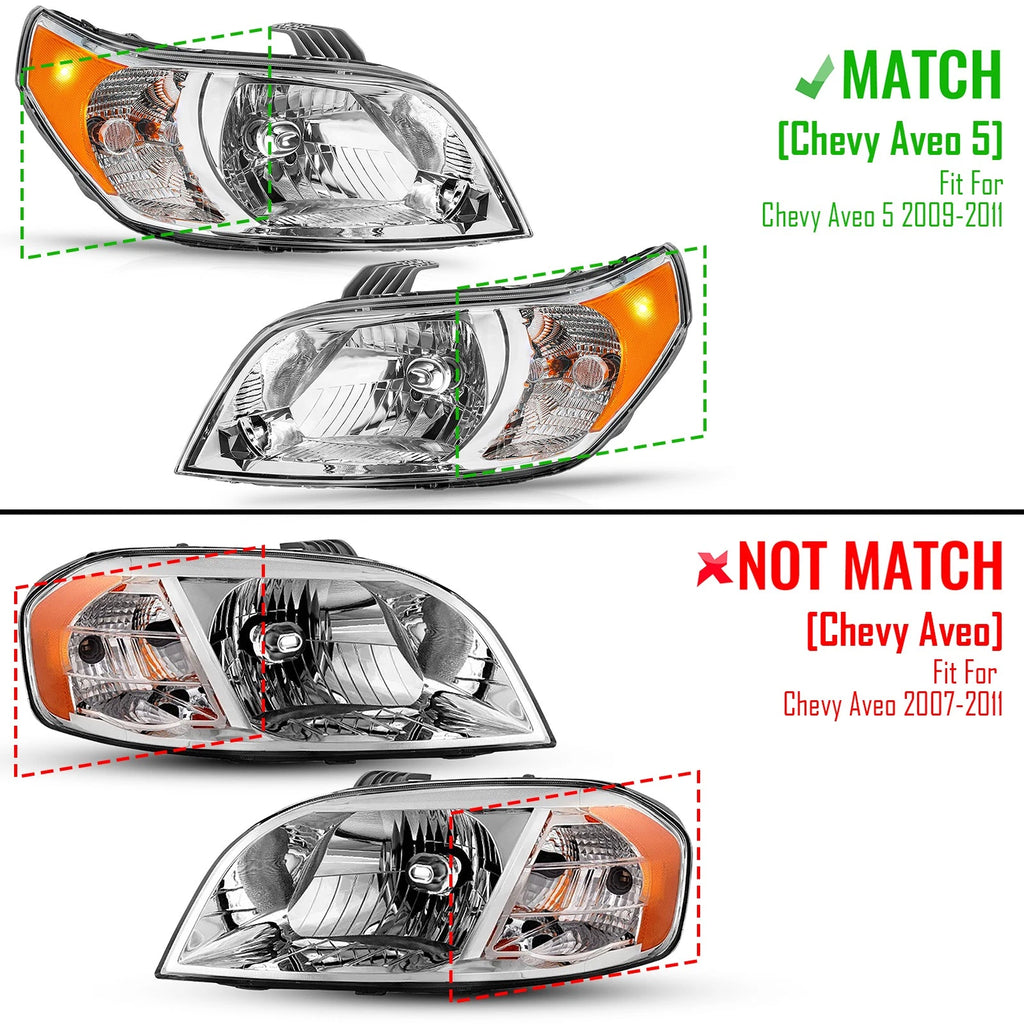 Halogen Headlight Pair for Chevy Aveo 5 LS/LT (2009–2011) W/Amber Reflector