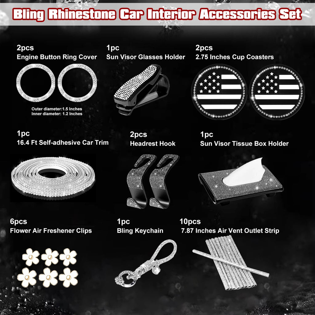 Rhinestone Universal Car Interior Decor Set for Women Girls (-)