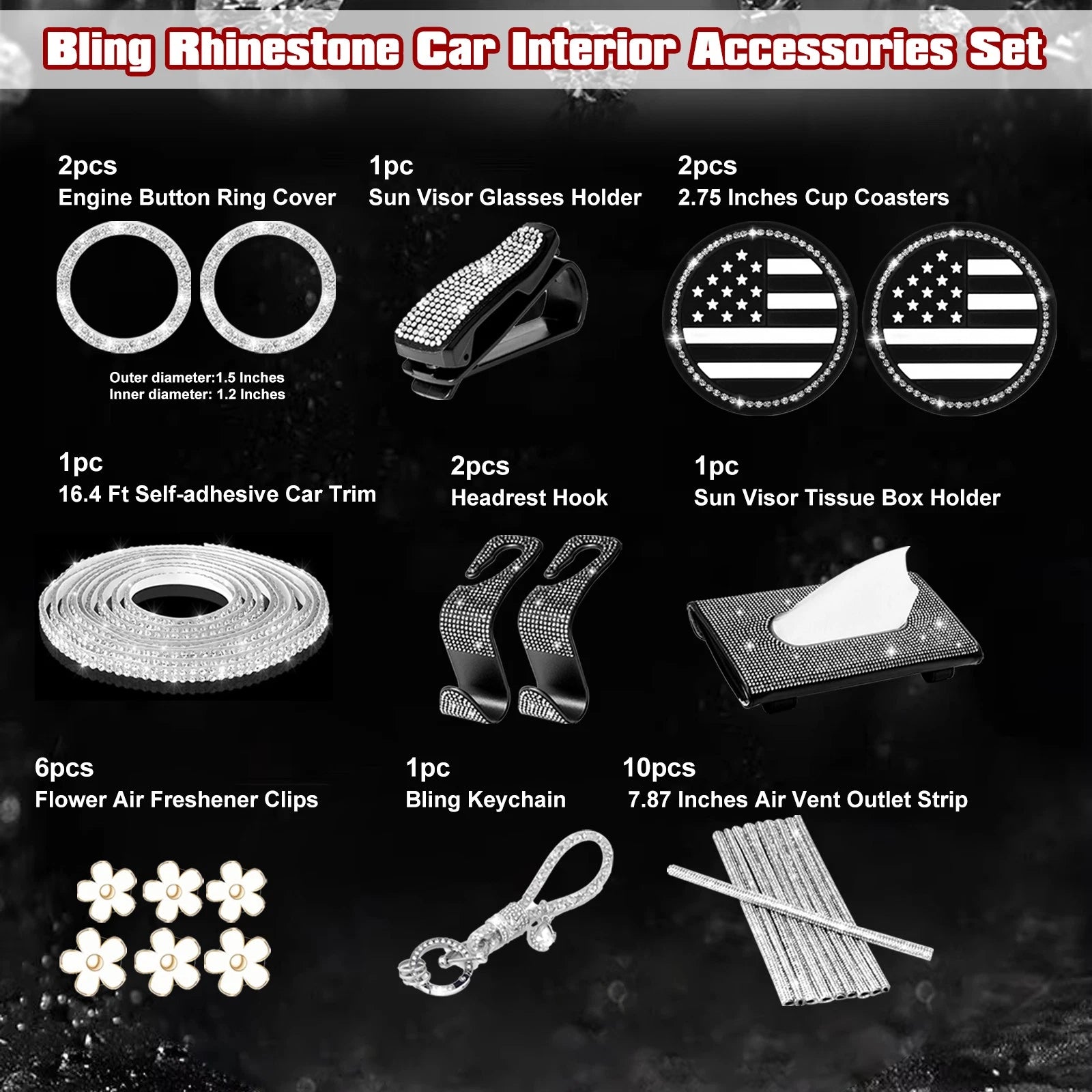 Rhinestone Universal Car Interior Decor Set for Women Girls (-)