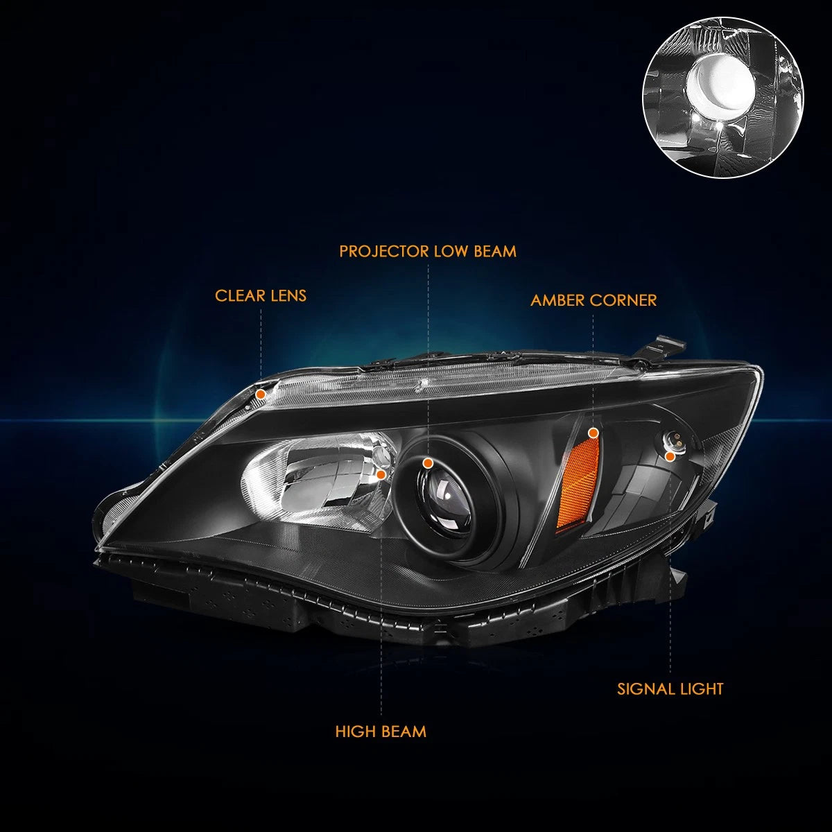 Projector Headlight Set for Subaru Impreza (2008–2011) Black Housing Amber Corner